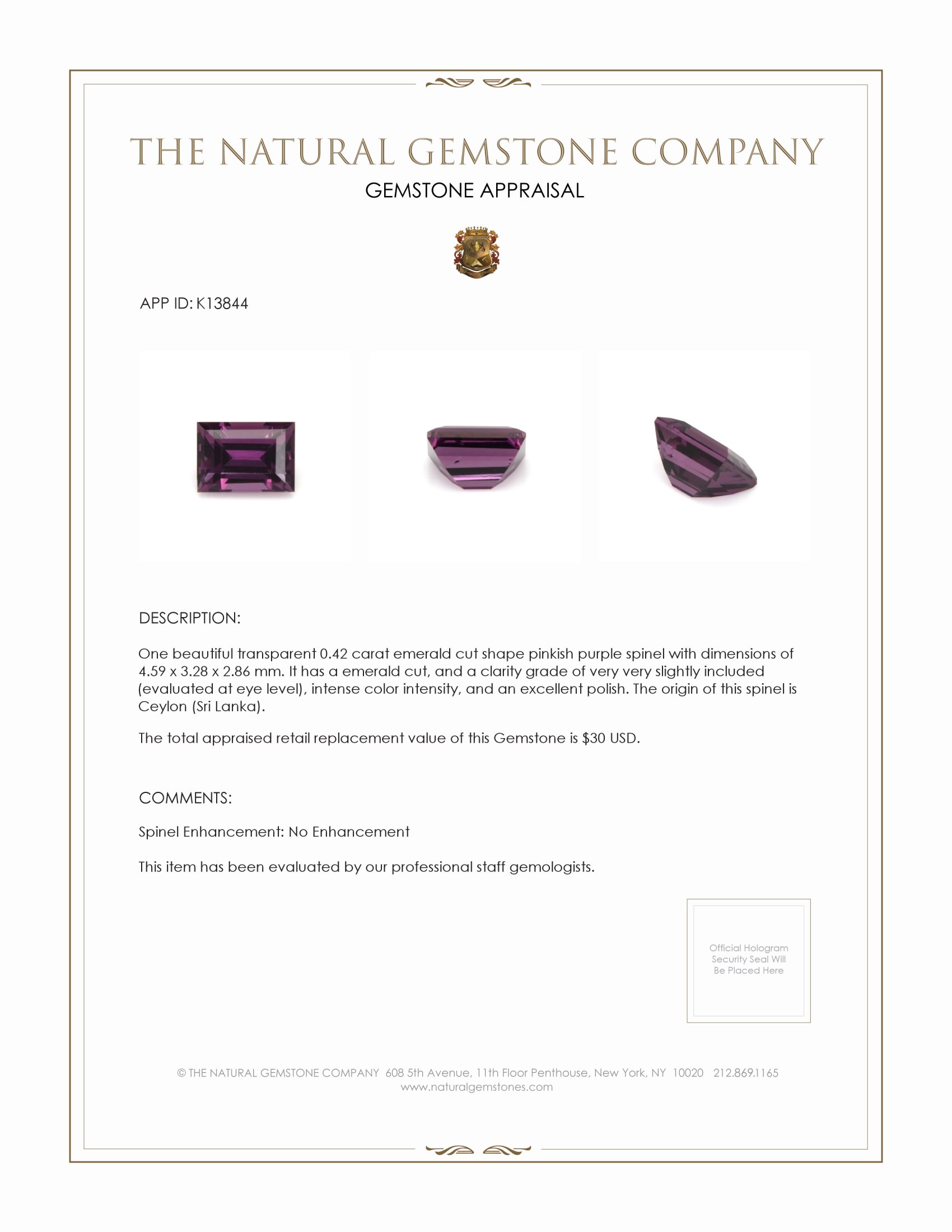 0.42 Ct. Spinel from Ceylon (Sri Lanka)