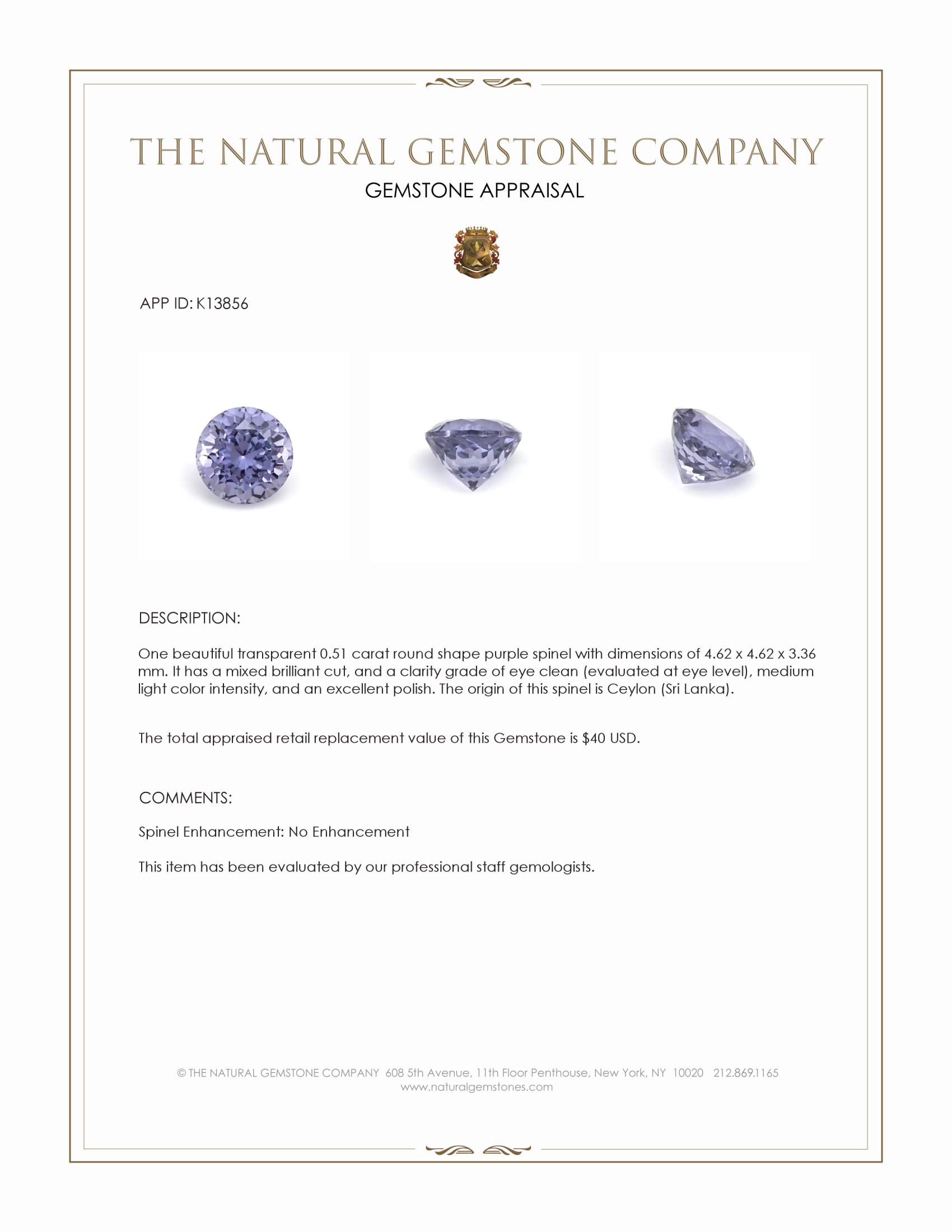 0.51 Ct. Spinel from Ceylon (Sri Lanka)