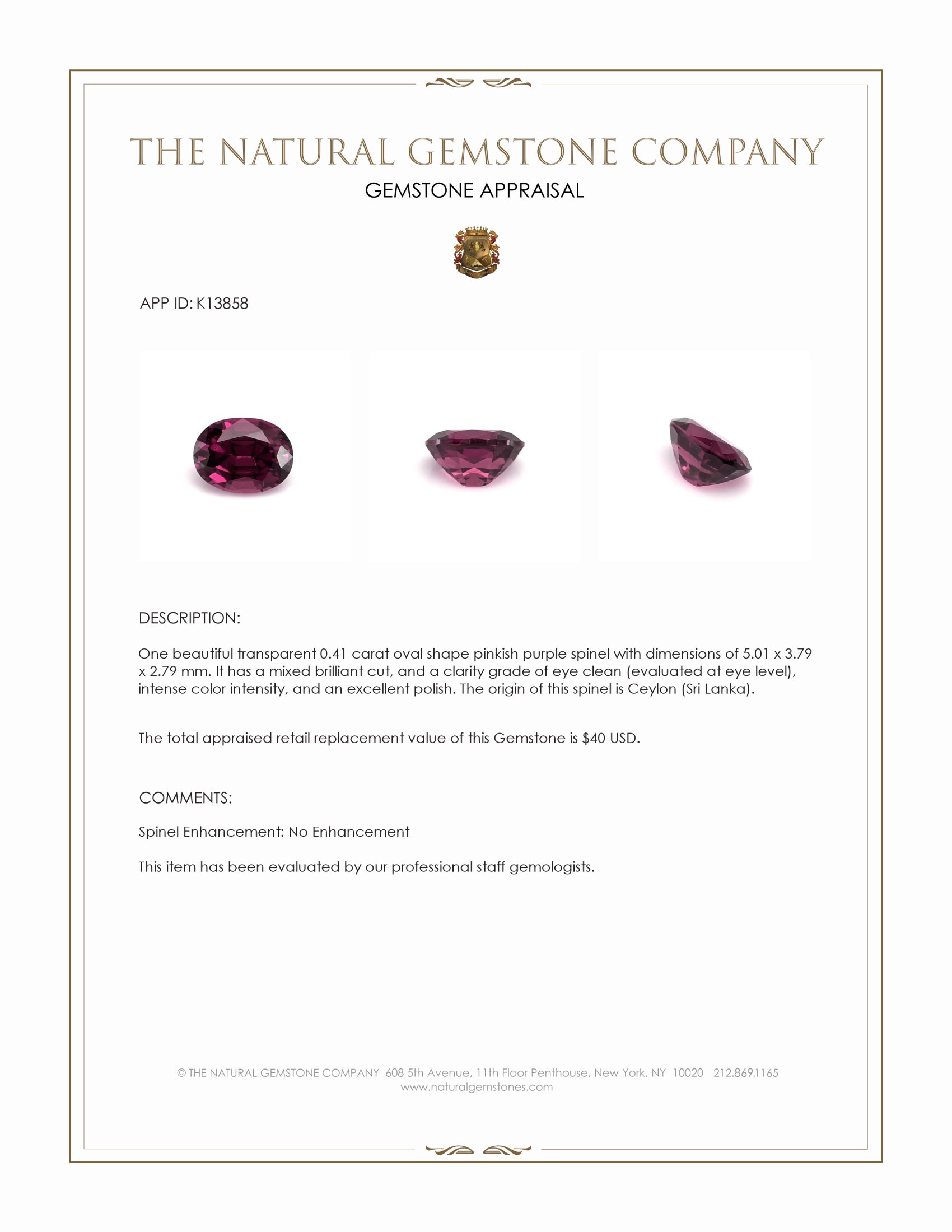 0.41 Ct. Pinkish Purple Spinel from Ceylon (Sri Lanka)