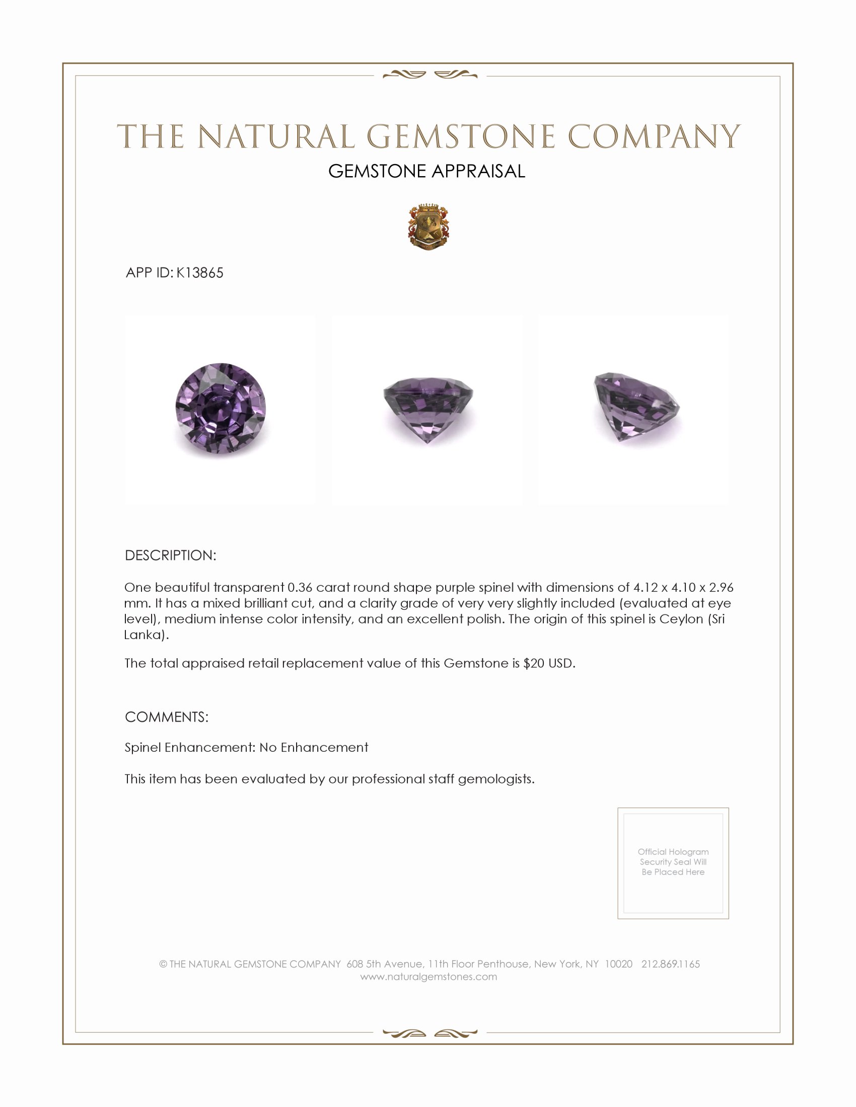 0.36 Ct. Purple Spinel from Ceylon (Sri Lanka)