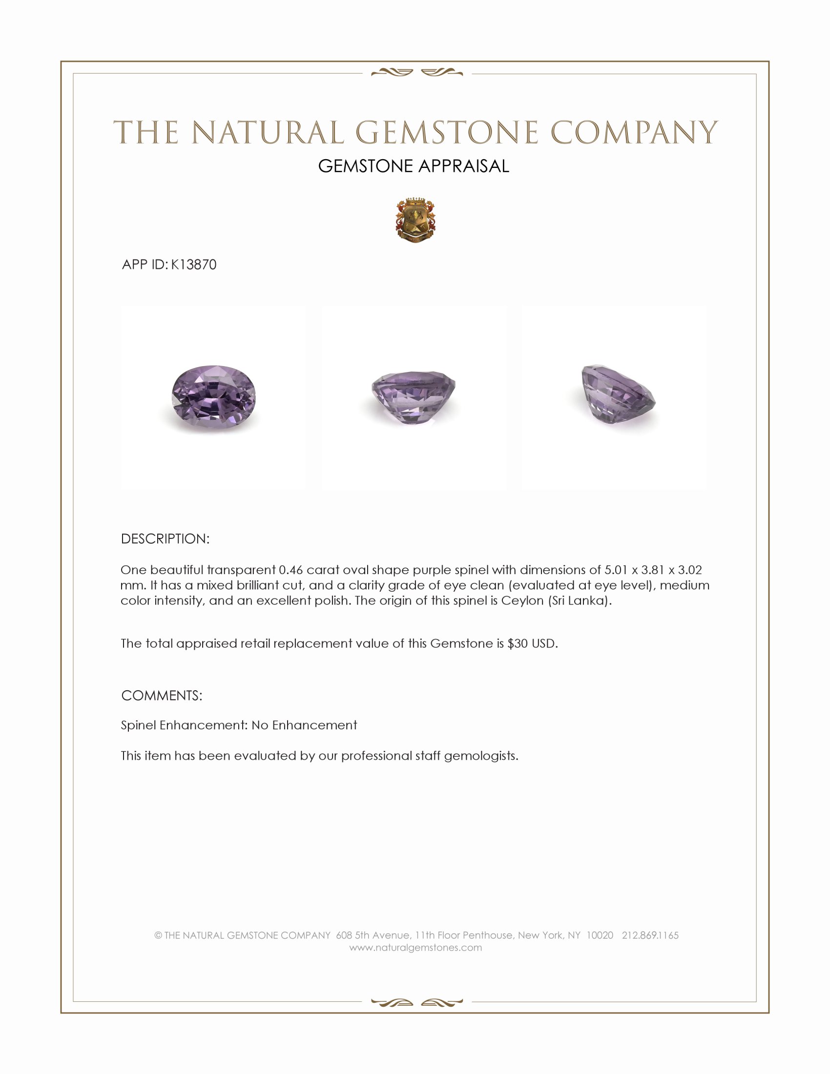 0.46 Ct. Purple Spinel from Ceylon (Sri Lanka)