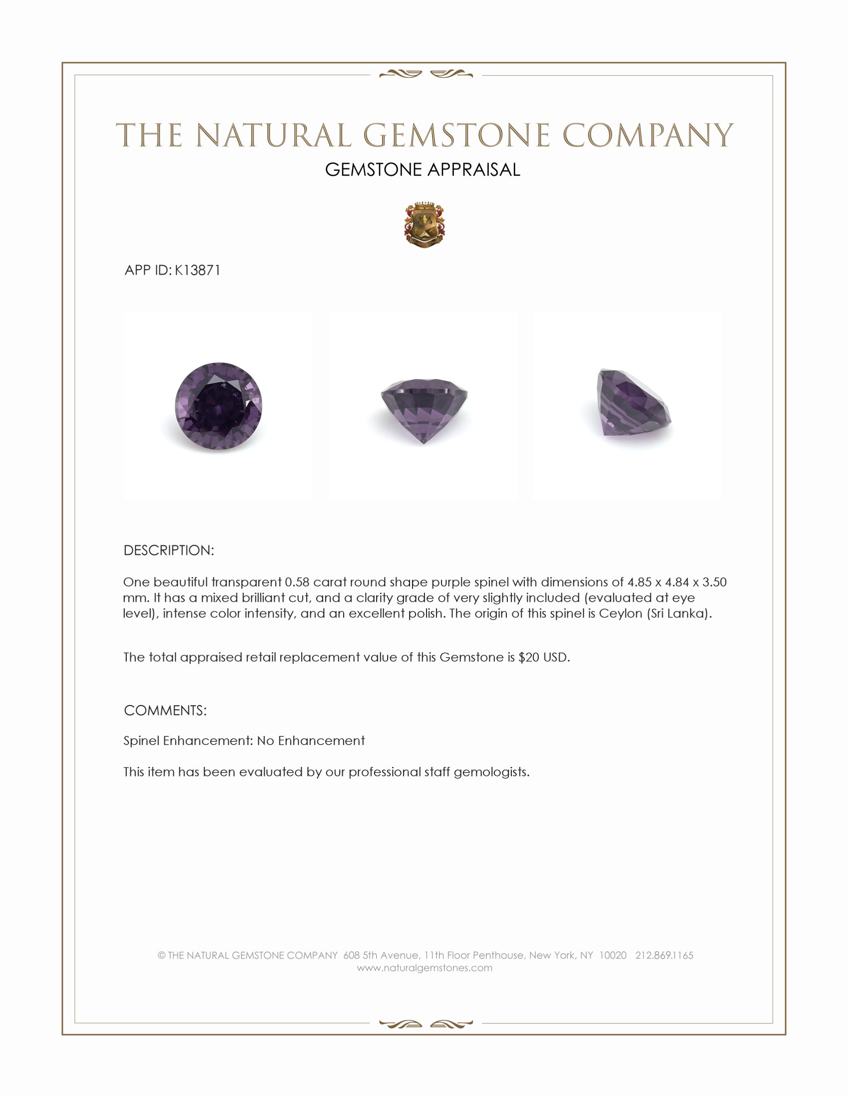 0.58 Ct. Purple Spinel from Ceylon (Sri Lanka)