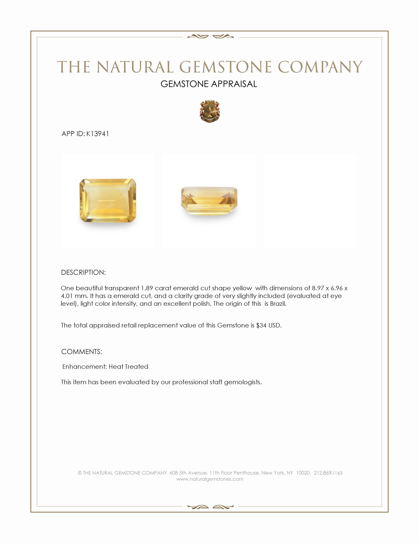 1.89 Ct. Yellow Citrine from Brazil