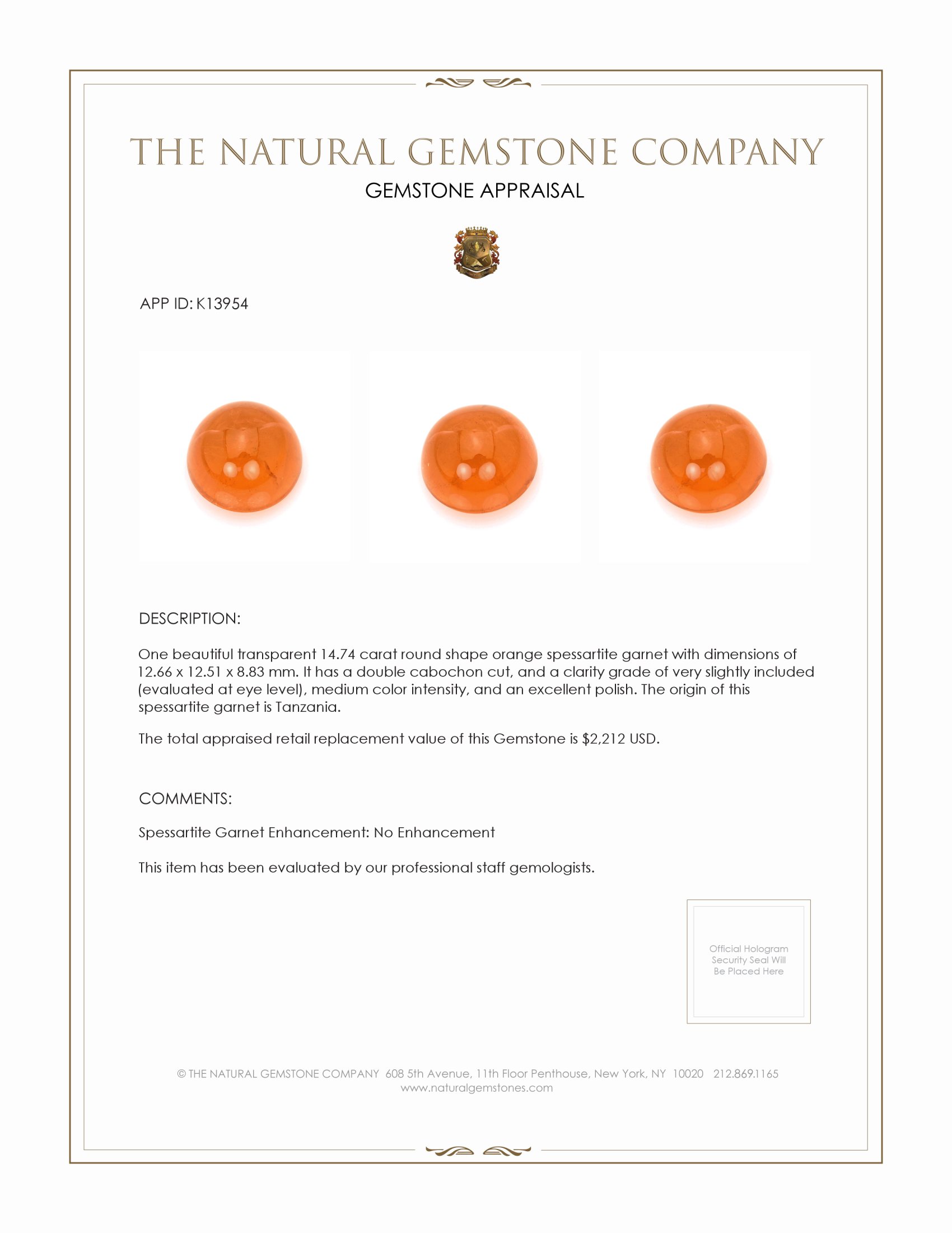 14.74 Ct. Cabochon Spessartite Garnet from Tanzania