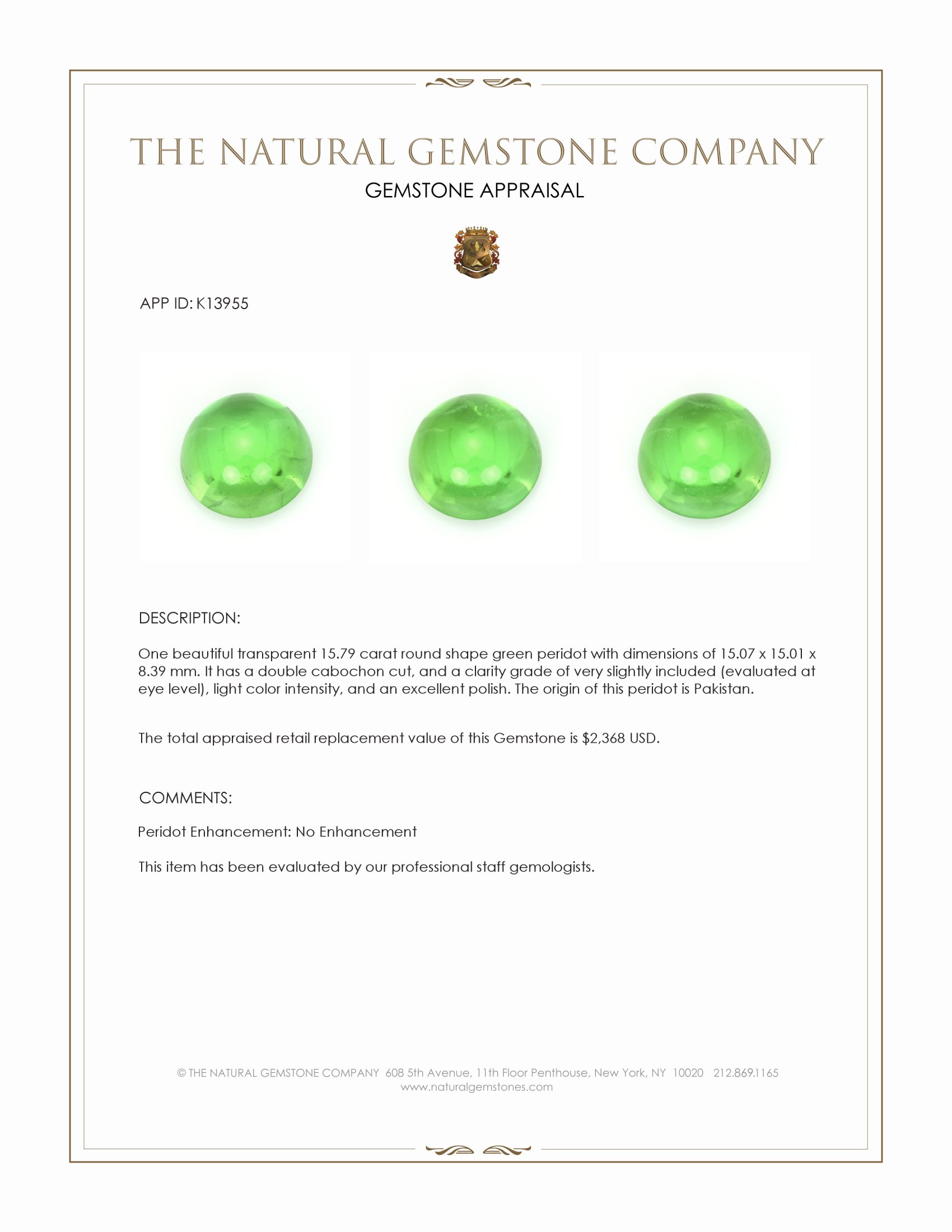 15.79 Ct. Green (Lime Green) Cabochon Peridot from Pakistan