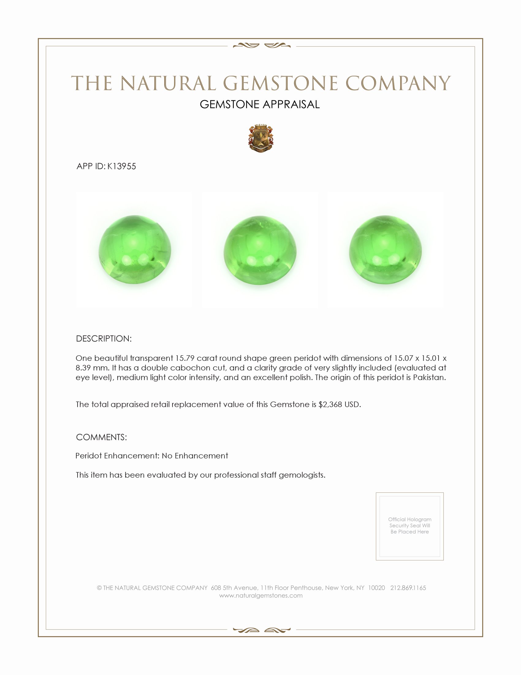 15.79 Ct. Cabochon Peridot from Pakistan