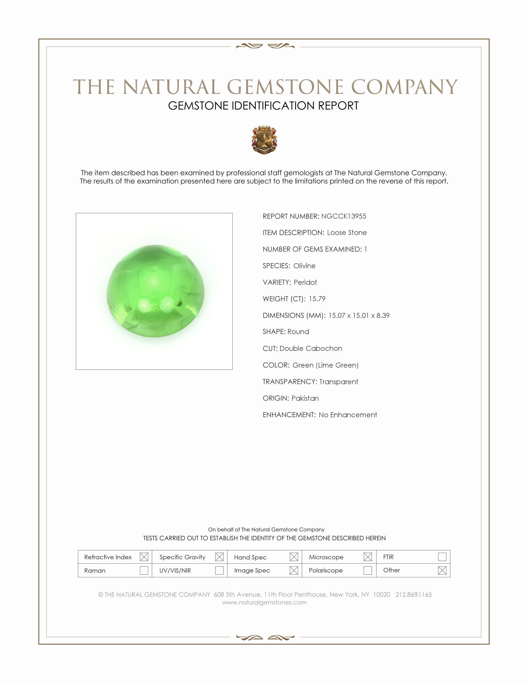 15.79 Ct. Green (Lime Green) Cabochon Peridot from Pakistan