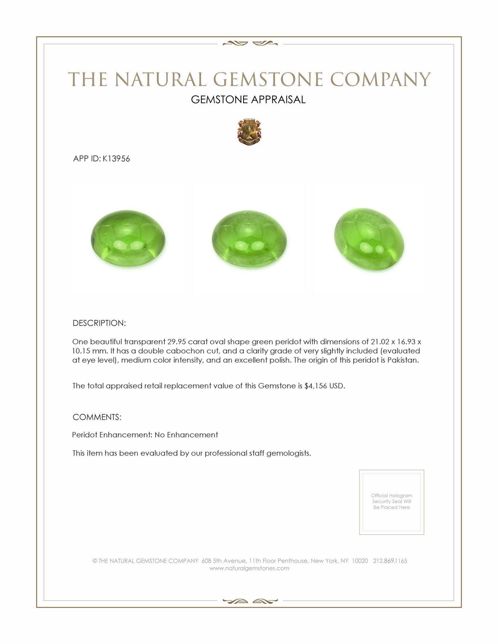 29.95 Ct. Cabochon Peridot from Pakistan