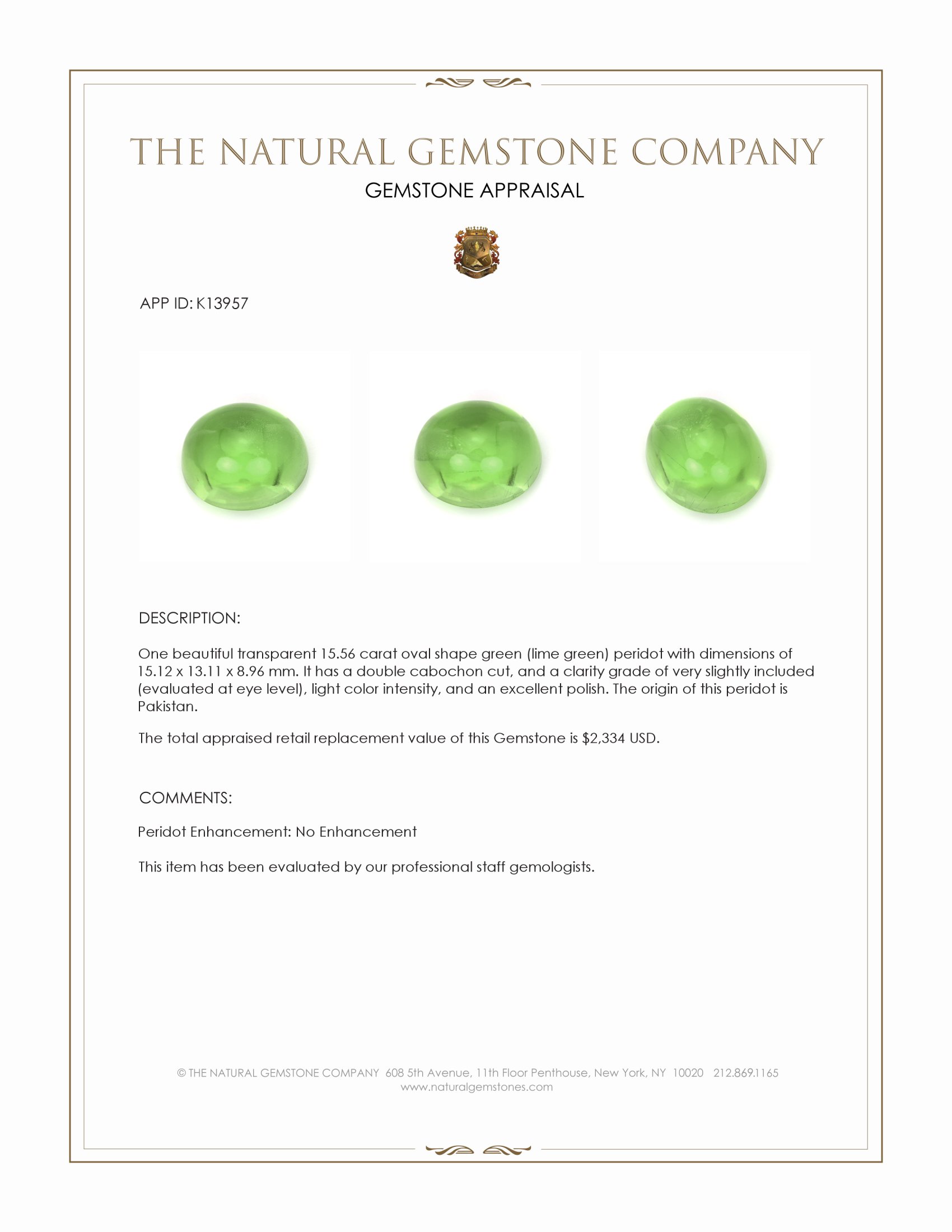 15.56 Ct. Green (Lime Green) Cabochon Peridot from Pakistan