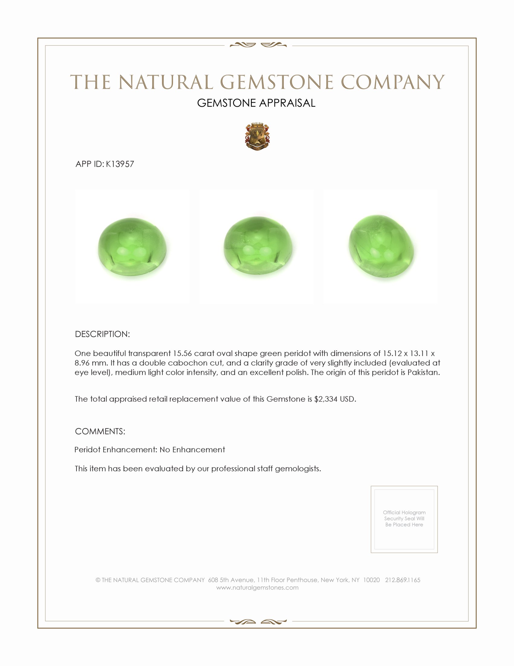 15.56 Ct. Cabochon Peridot from Pakistan