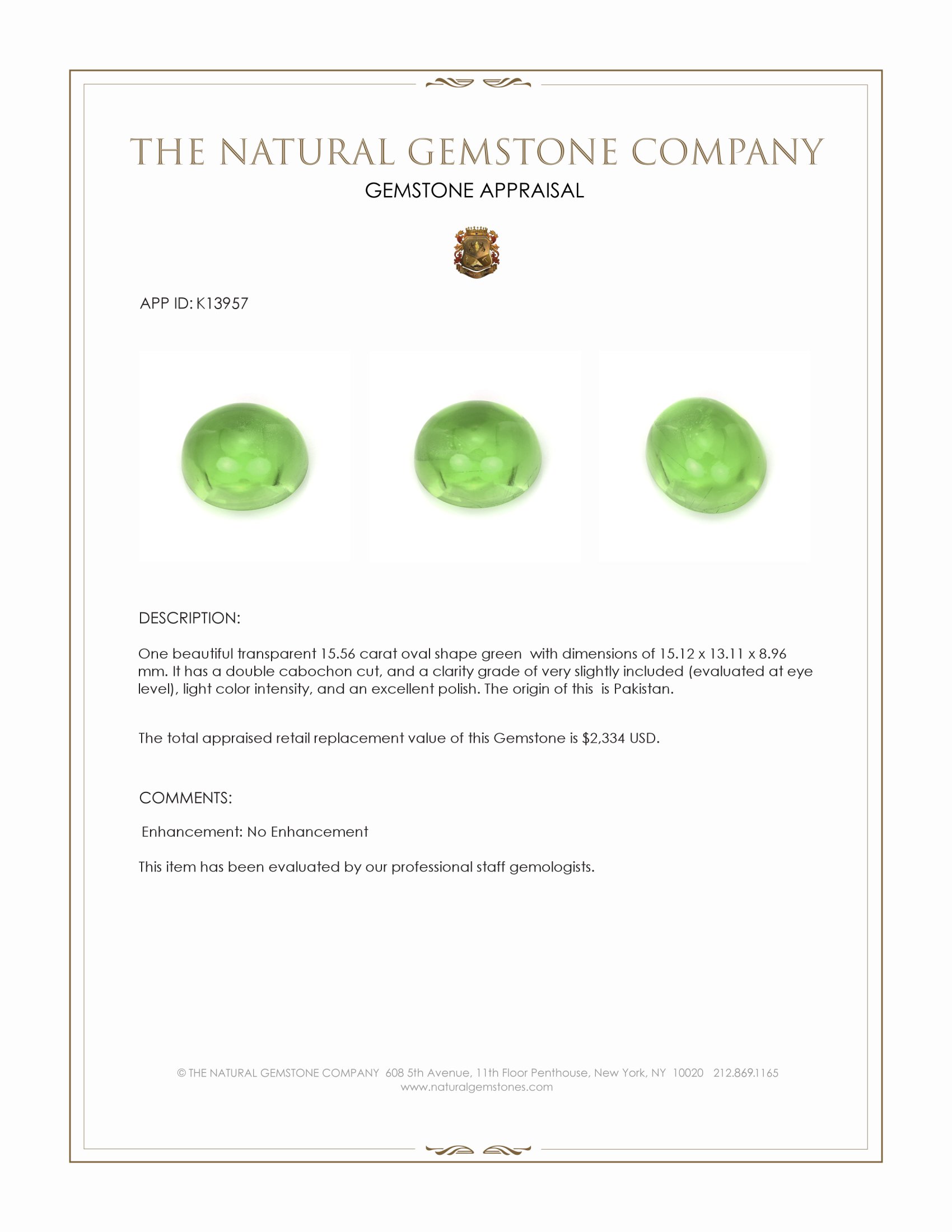 15.56 Ct. Green Cabochon Peridot from Pakistan