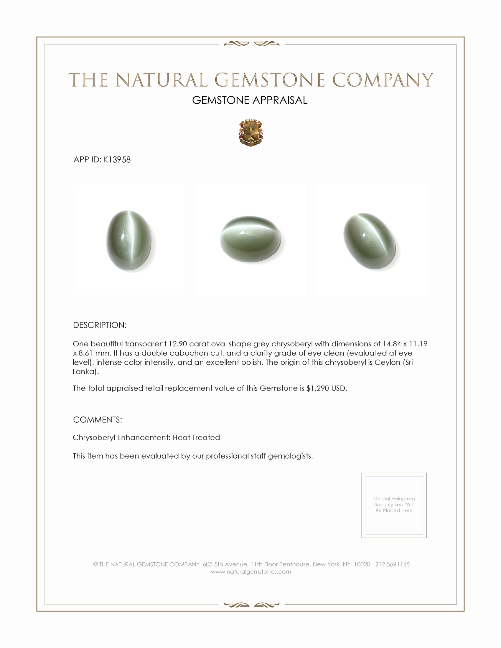 12.90 Ct. Cabochon Chrysoberyl from Ceylon (Sri Lanka)