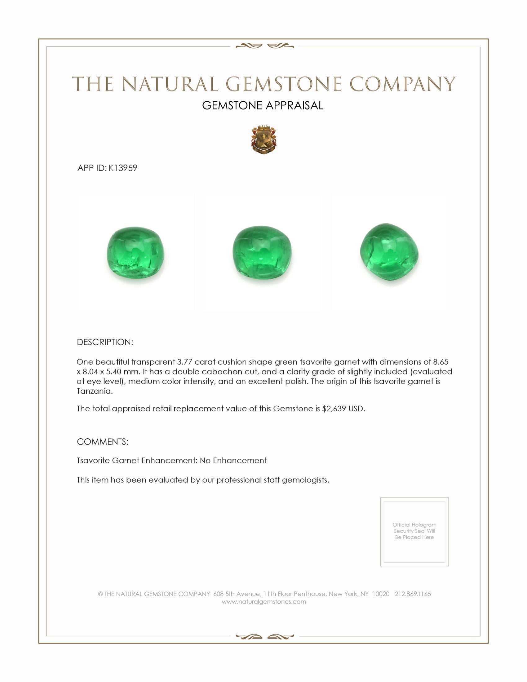 3.77 Ct. Cabochon Tsavorite Garnet from Tanzania