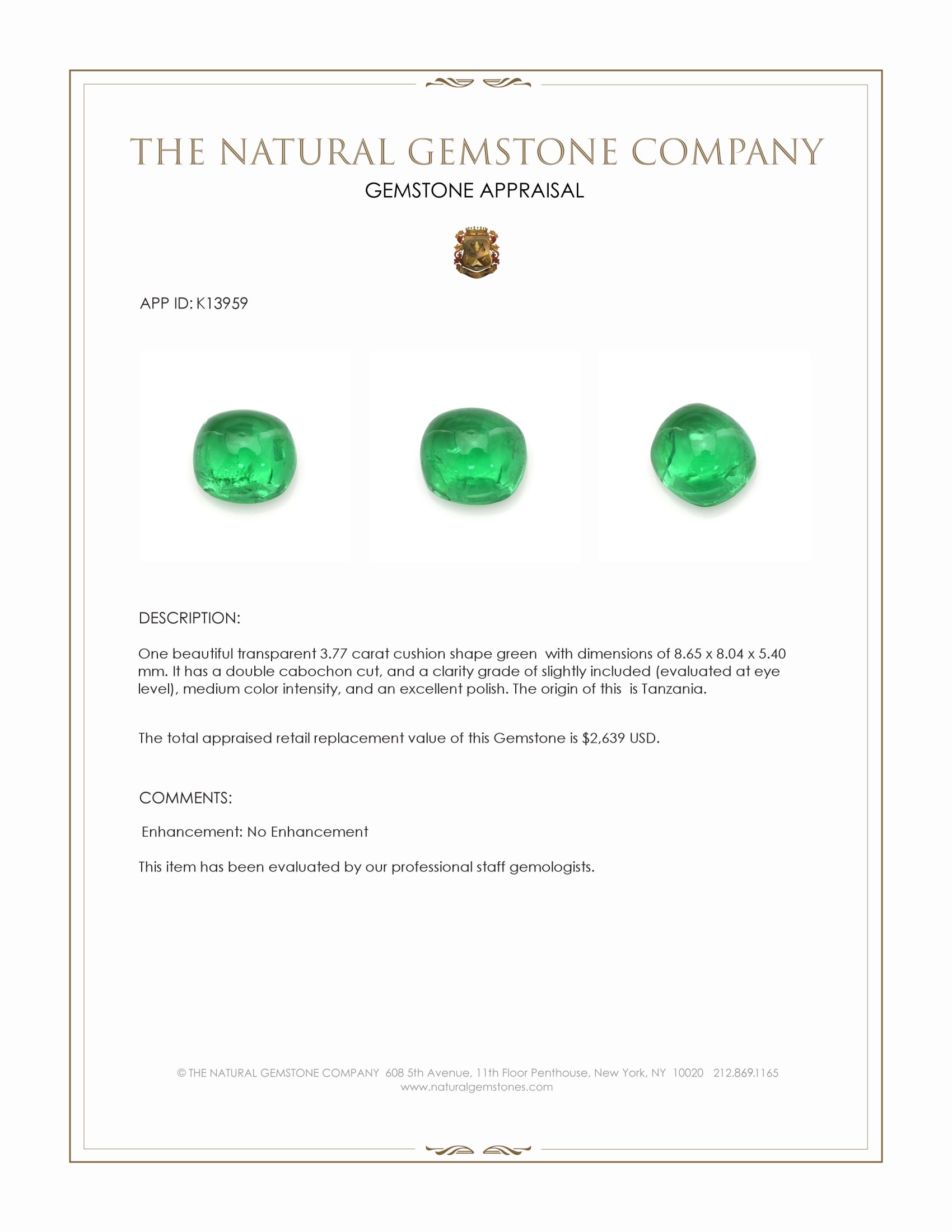 3.77 Ct. Cabochon Tsavorite Garnet from Tanzania