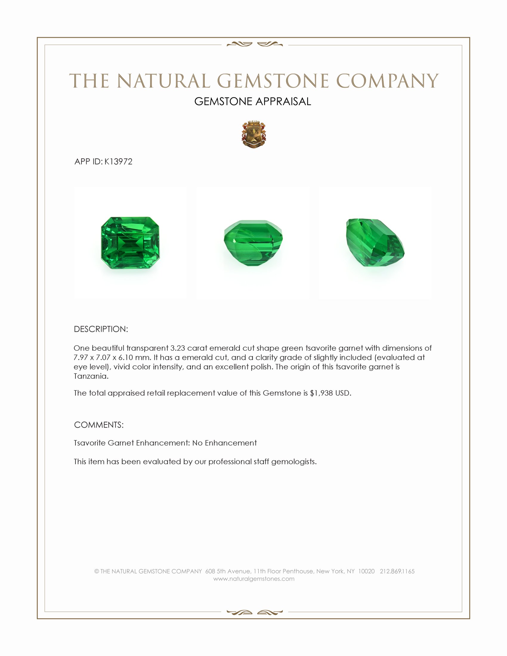 3.23 Ct. Tsavorite Garnet from Tanzania
