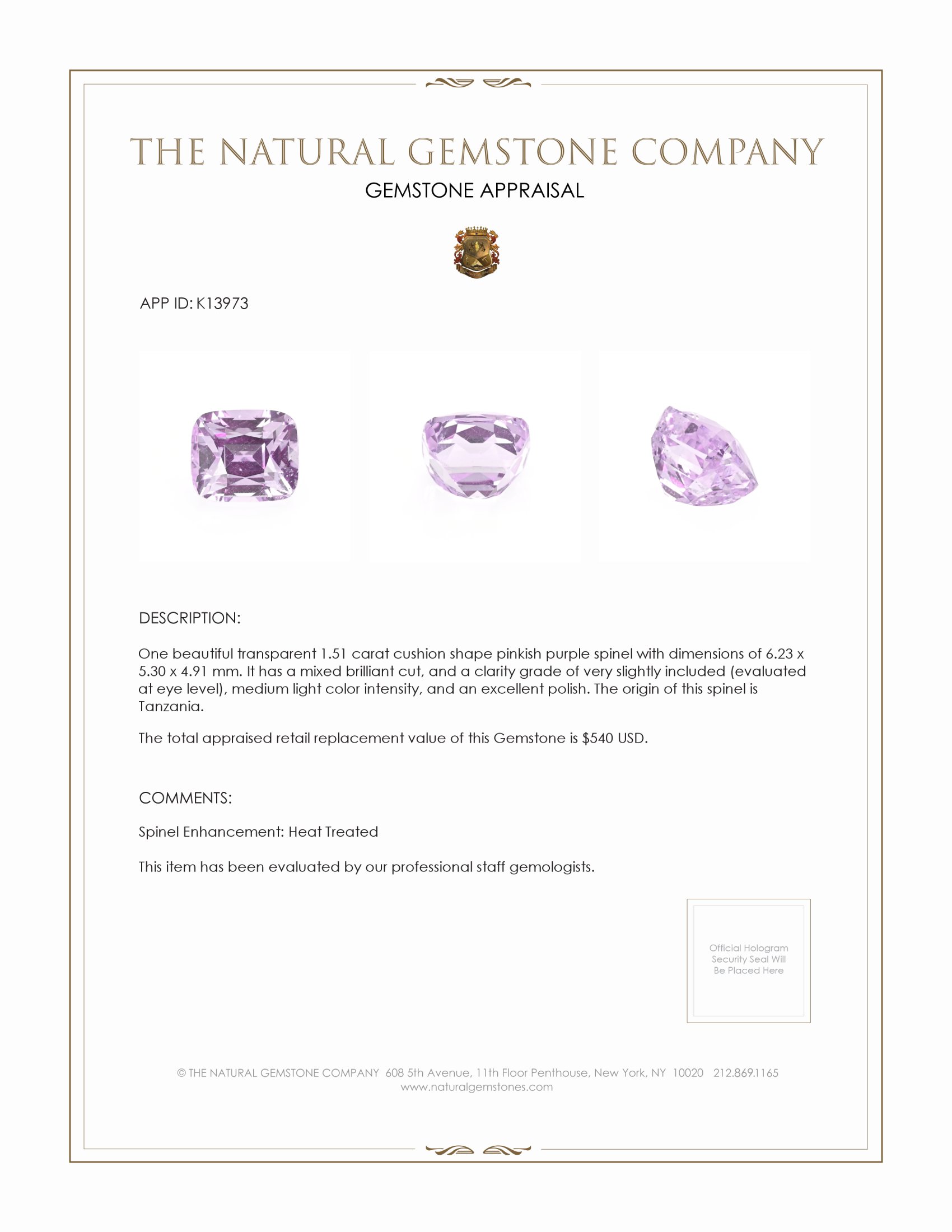 1.51 Ct. Spinel from Tanzania