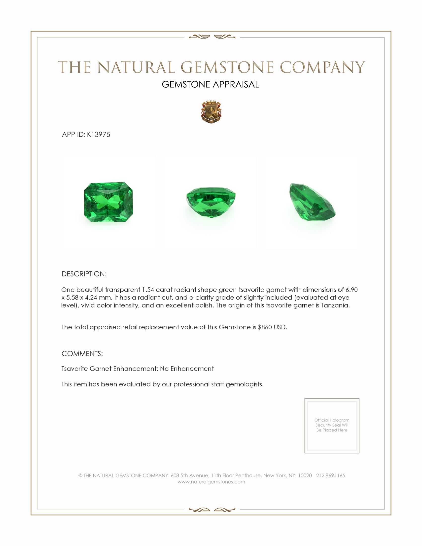 1.54 Ct. Tsavorite Garnet from Tanzania