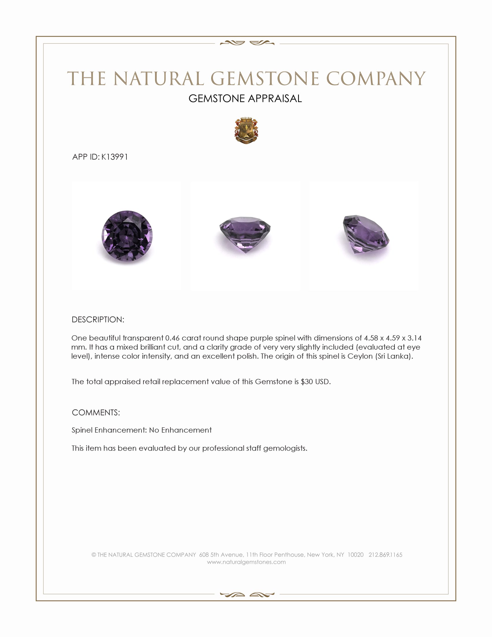 0.46 Ct. Purple Spinel from Ceylon (Sri Lanka)
