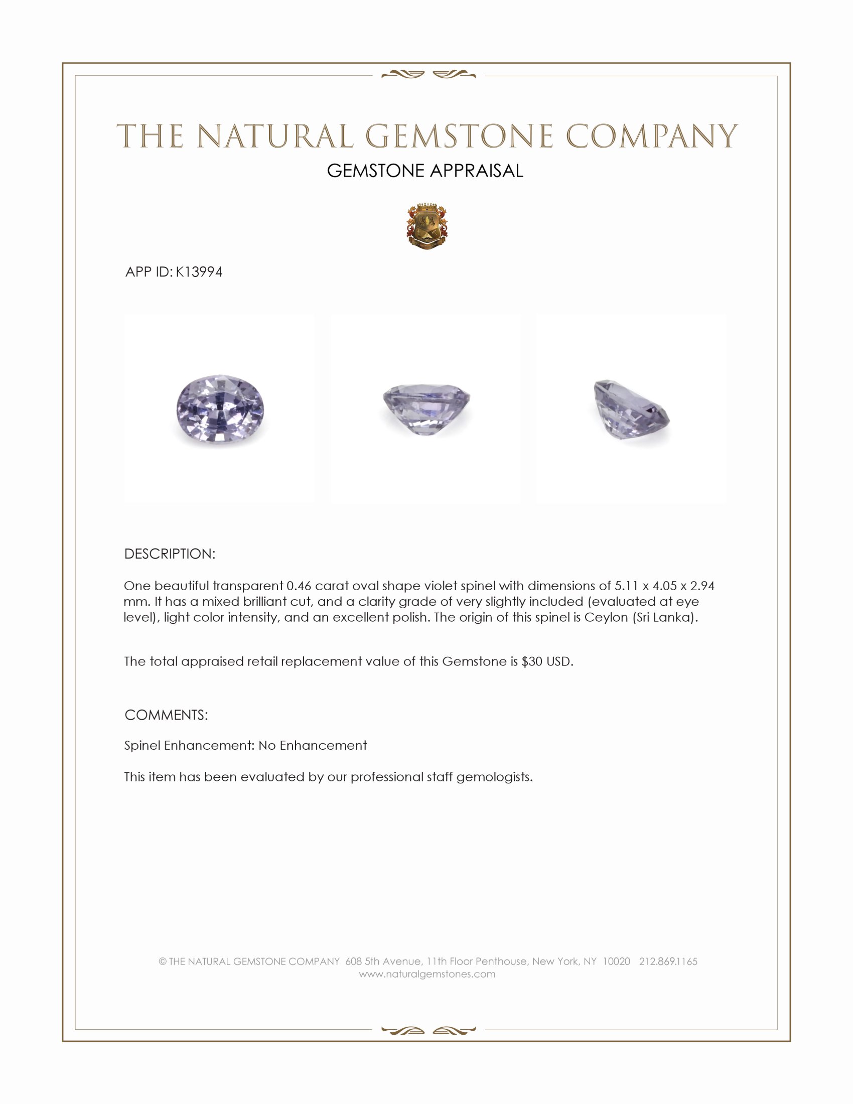 0.46 Ct. Violet Spinel from Ceylon (Sri Lanka)