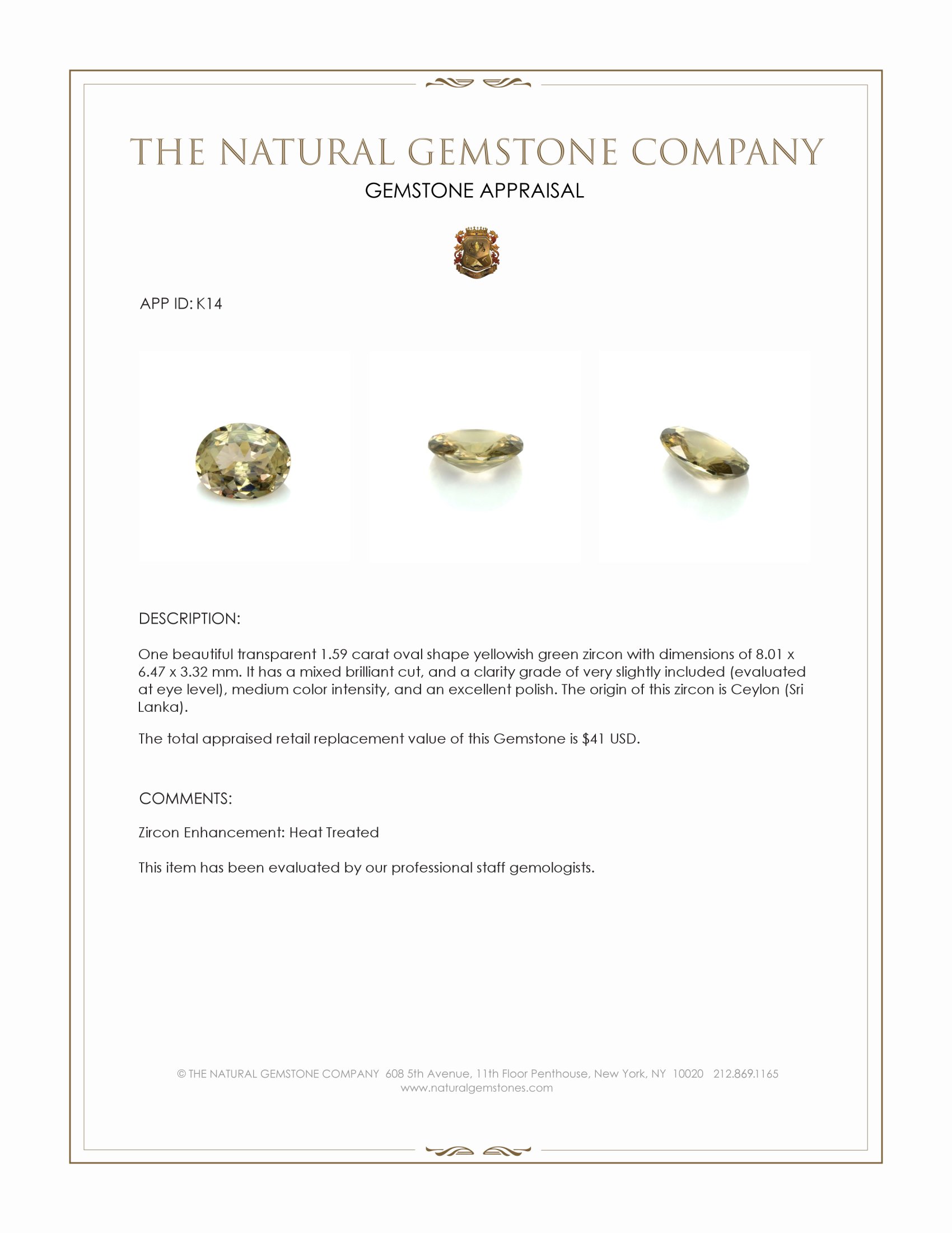 1.59 Ct. Yellowish Green Zircon from Ceylon (Sri Lanka)