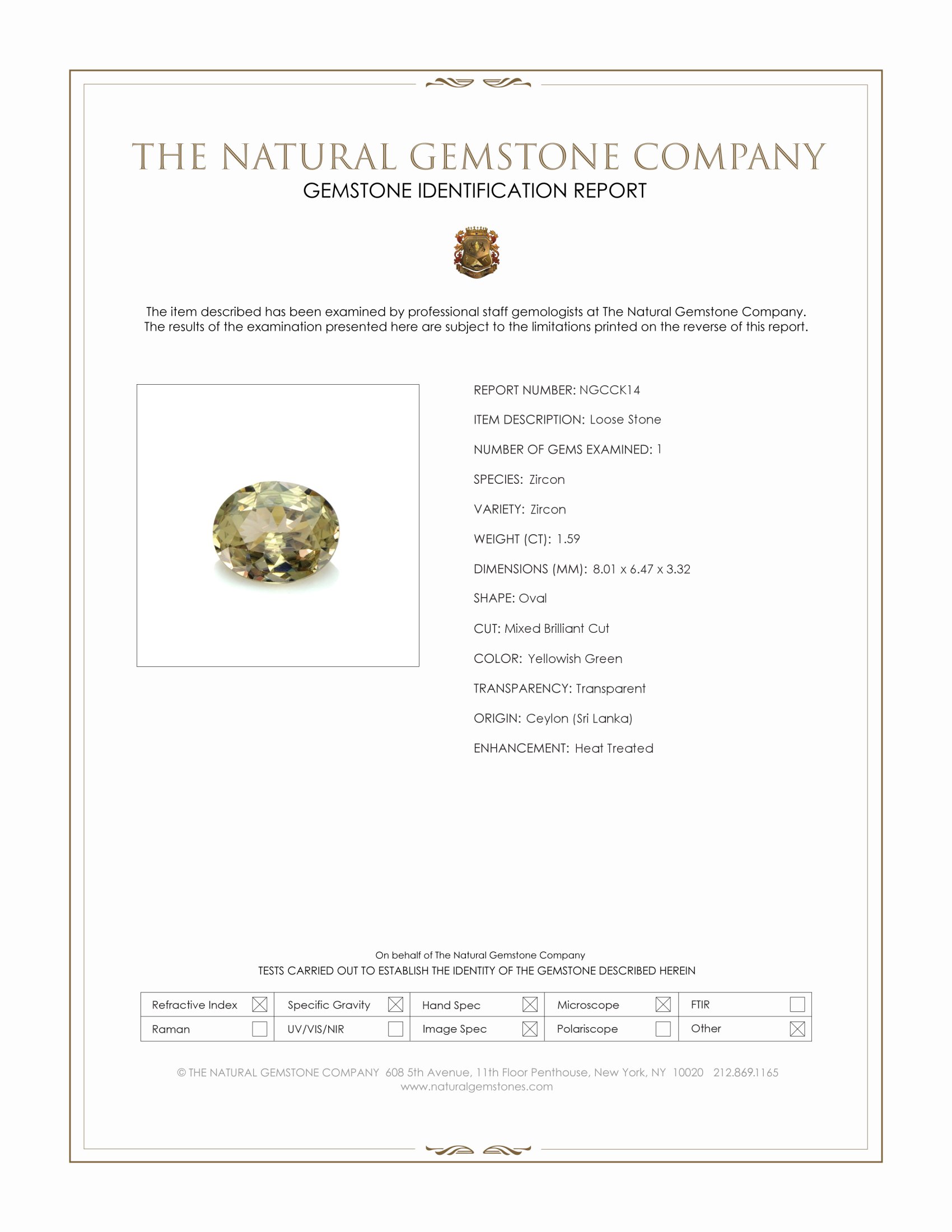 1.59 Ct. Yellowish Green Zircon from Ceylon (Sri Lanka)