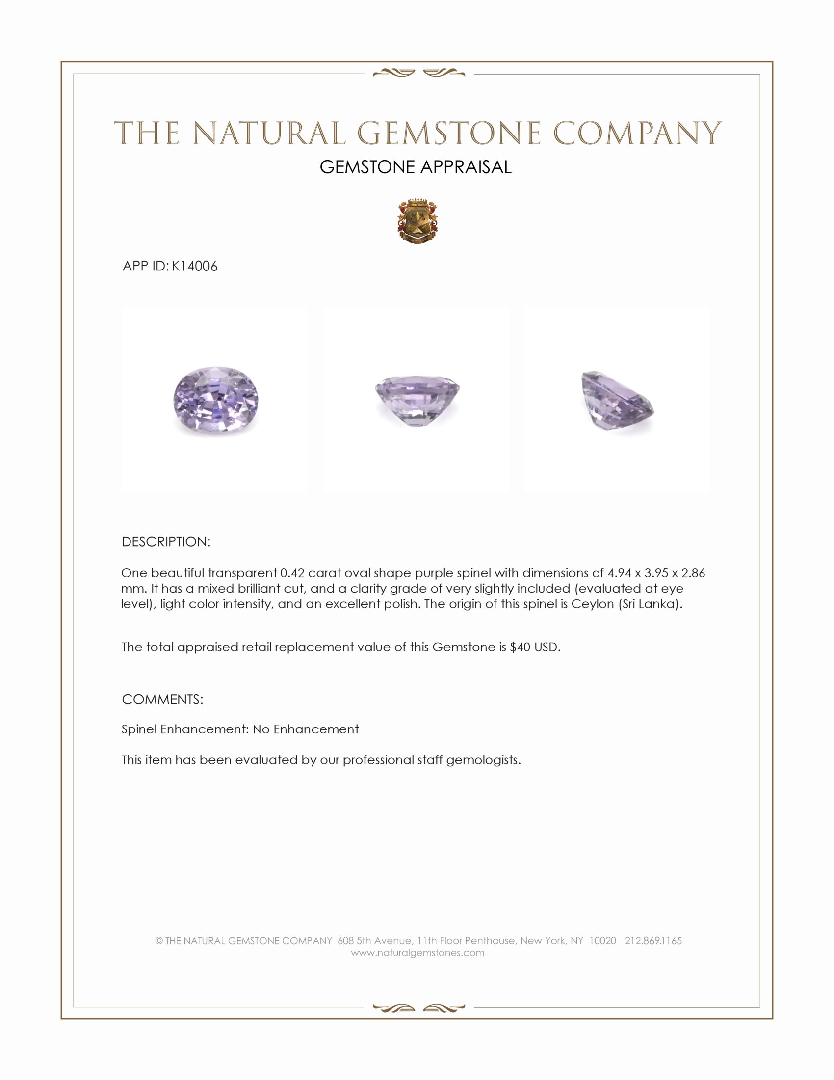 0.42 Ct. Purple Spinel from Ceylon (Sri Lanka)