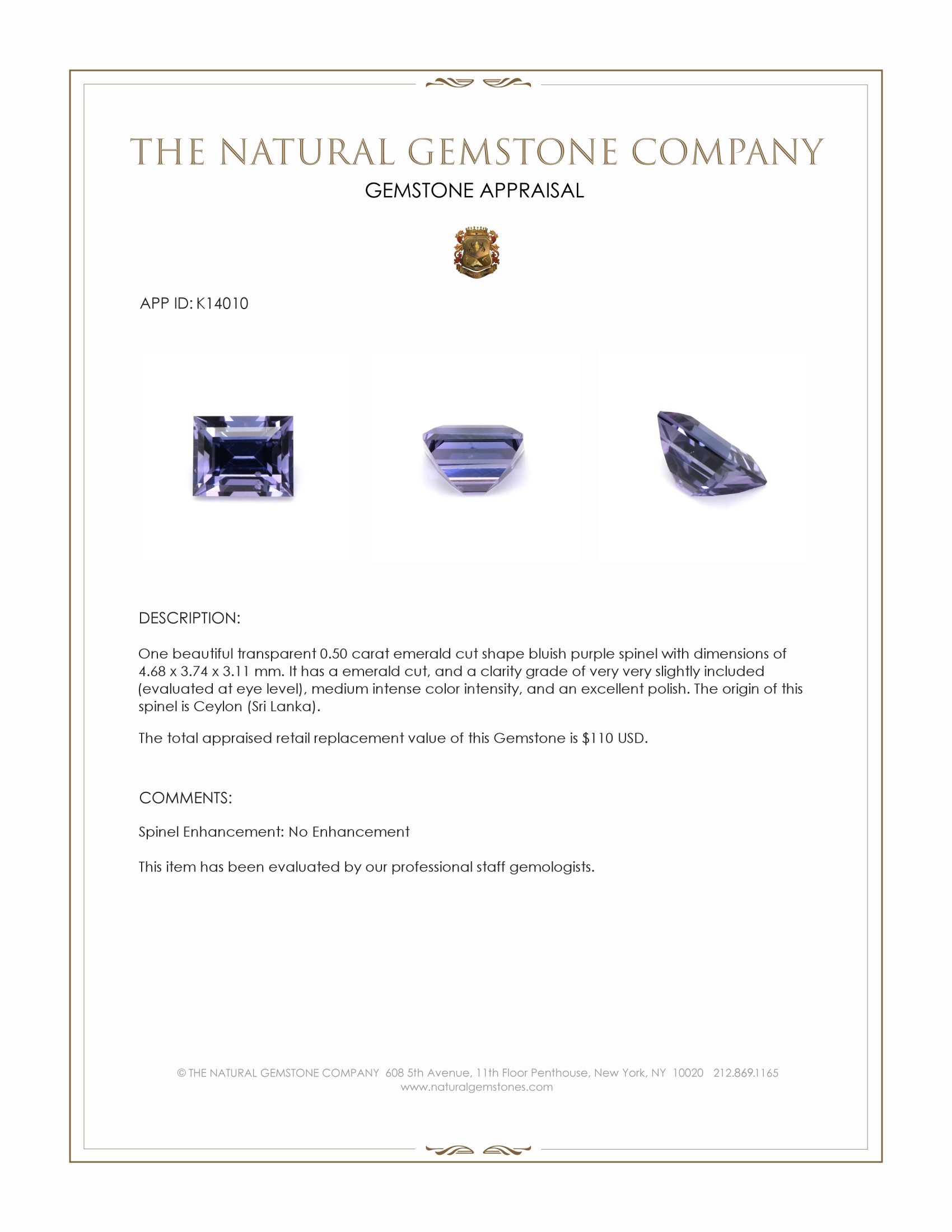 0.50 Ct. Spinel from Ceylon (Sri Lanka)