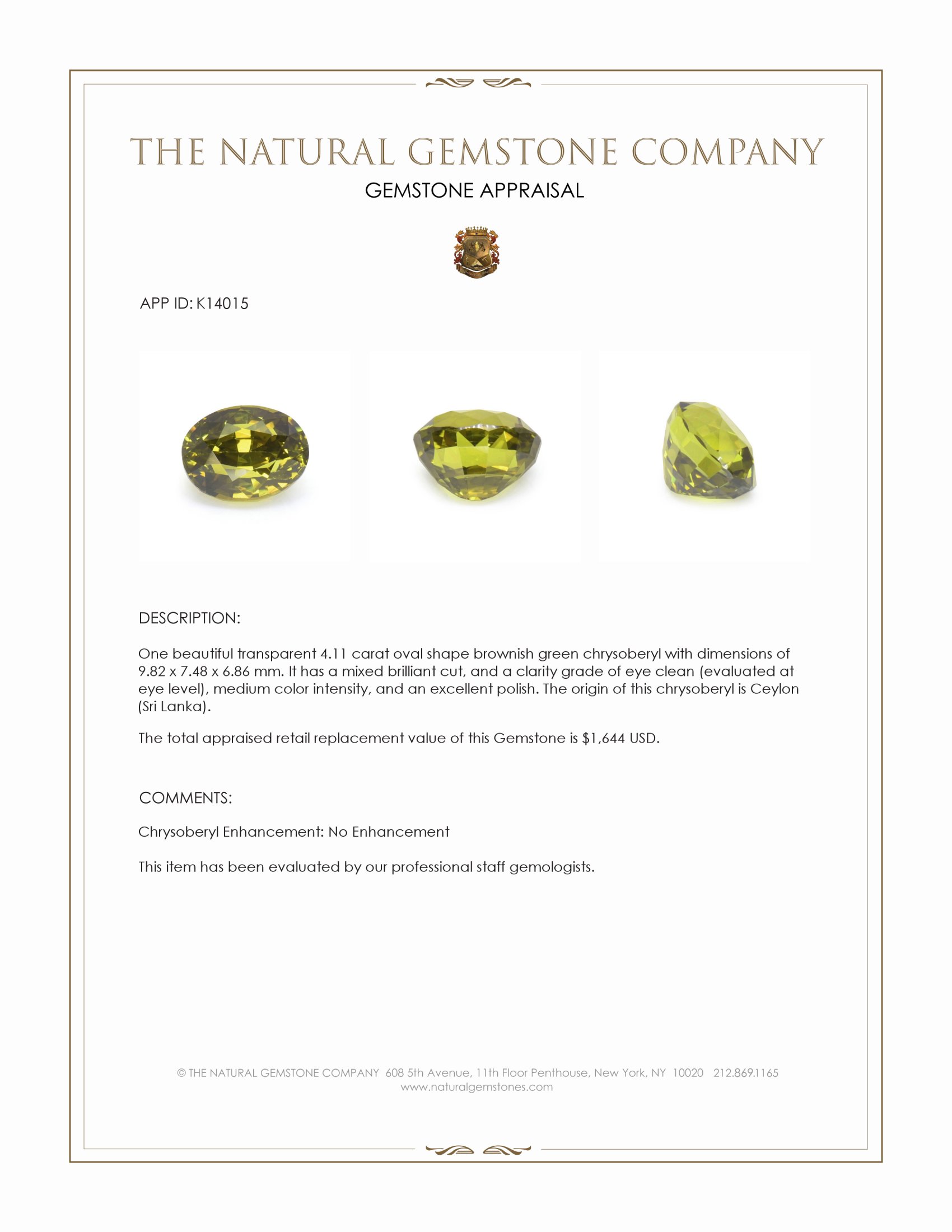 4.11 Ct. Brownish Green Chrysoberyl from Ceylon (Sri Lanka)
