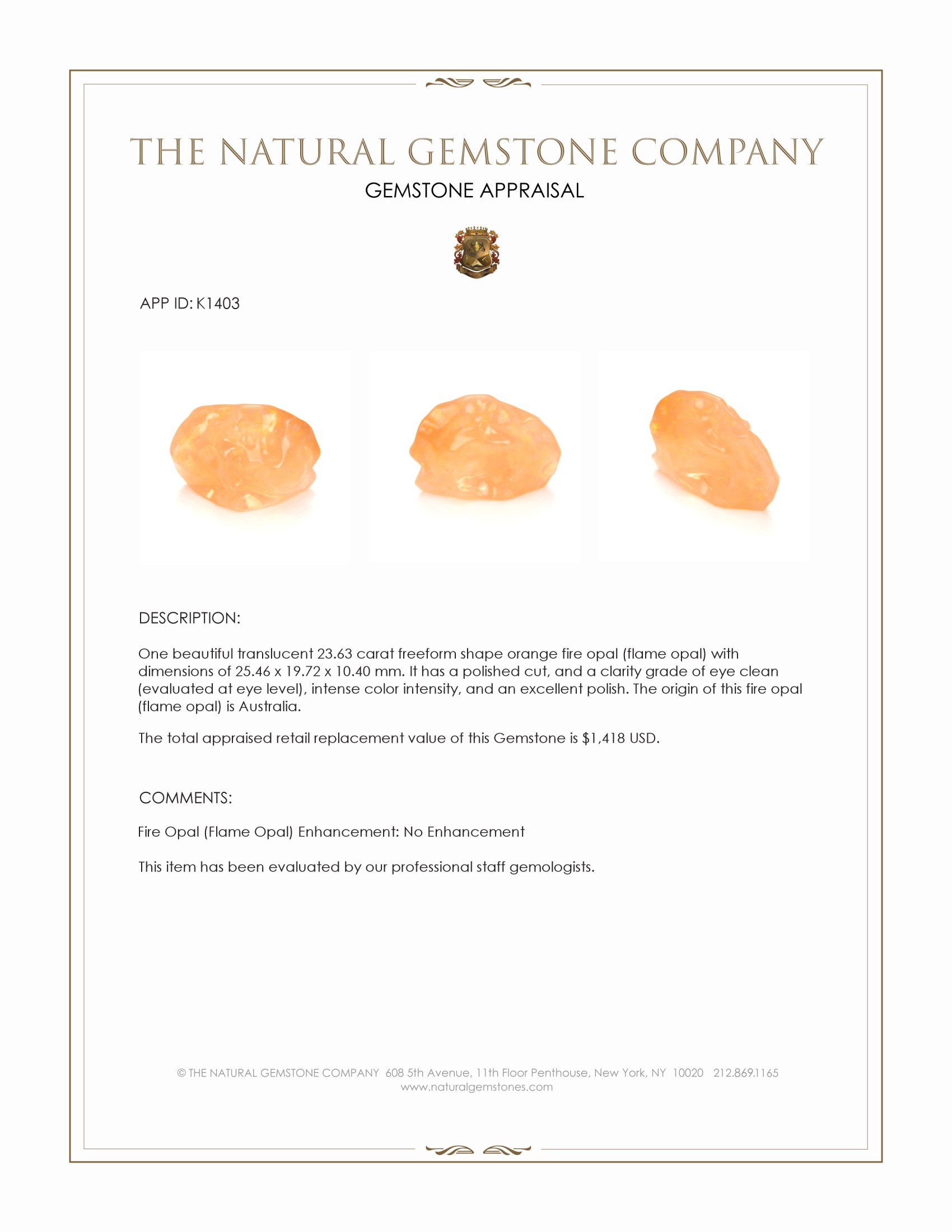 23.63 Ct. Orange Fire Opal (Flame Opal) from Australia
