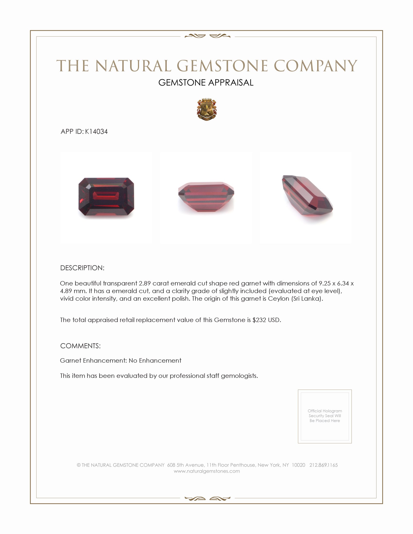 2.89 Ct. Garnet from Ceylon (Sri Lanka)