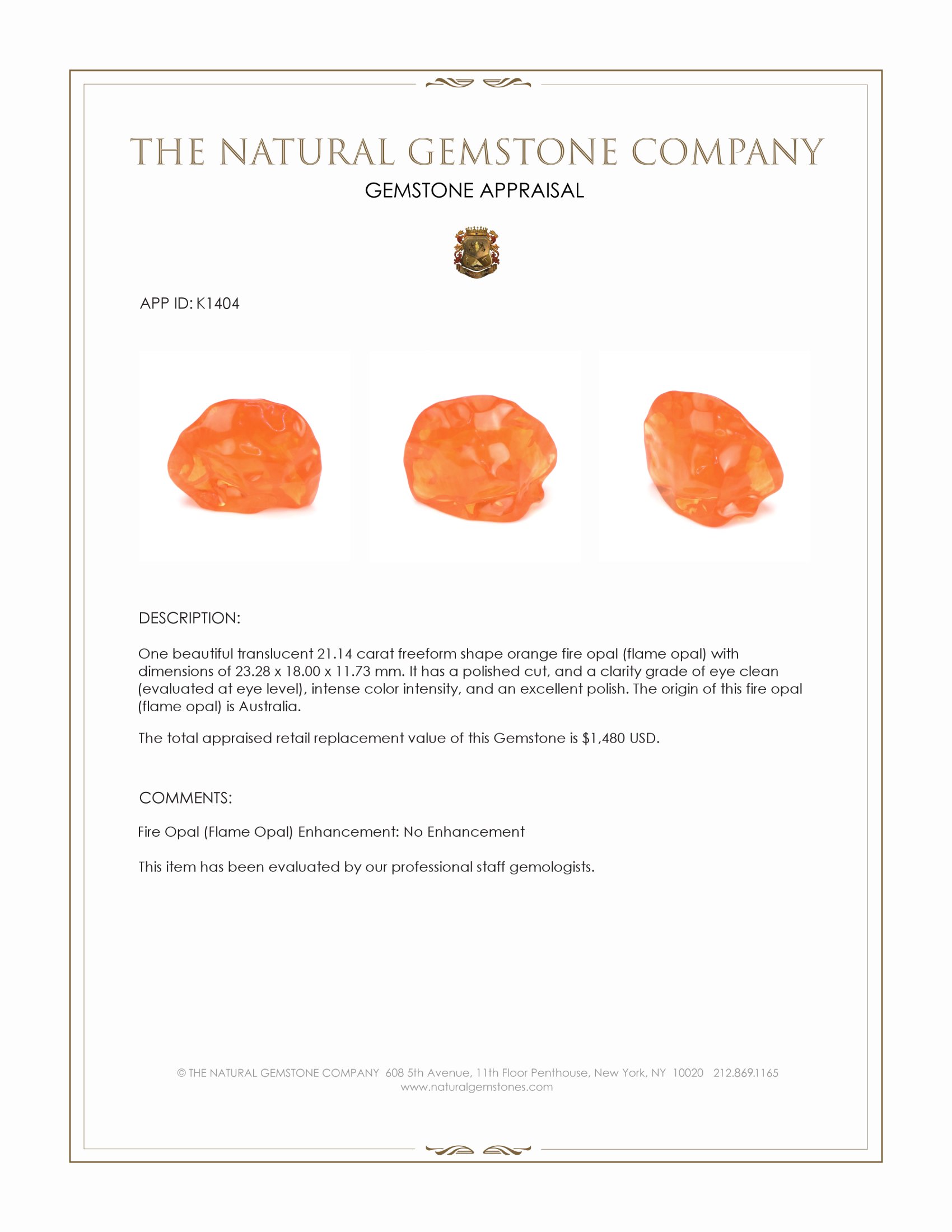 21.14 Ct. Orange Fire Opal (Flame Opal) from Australia