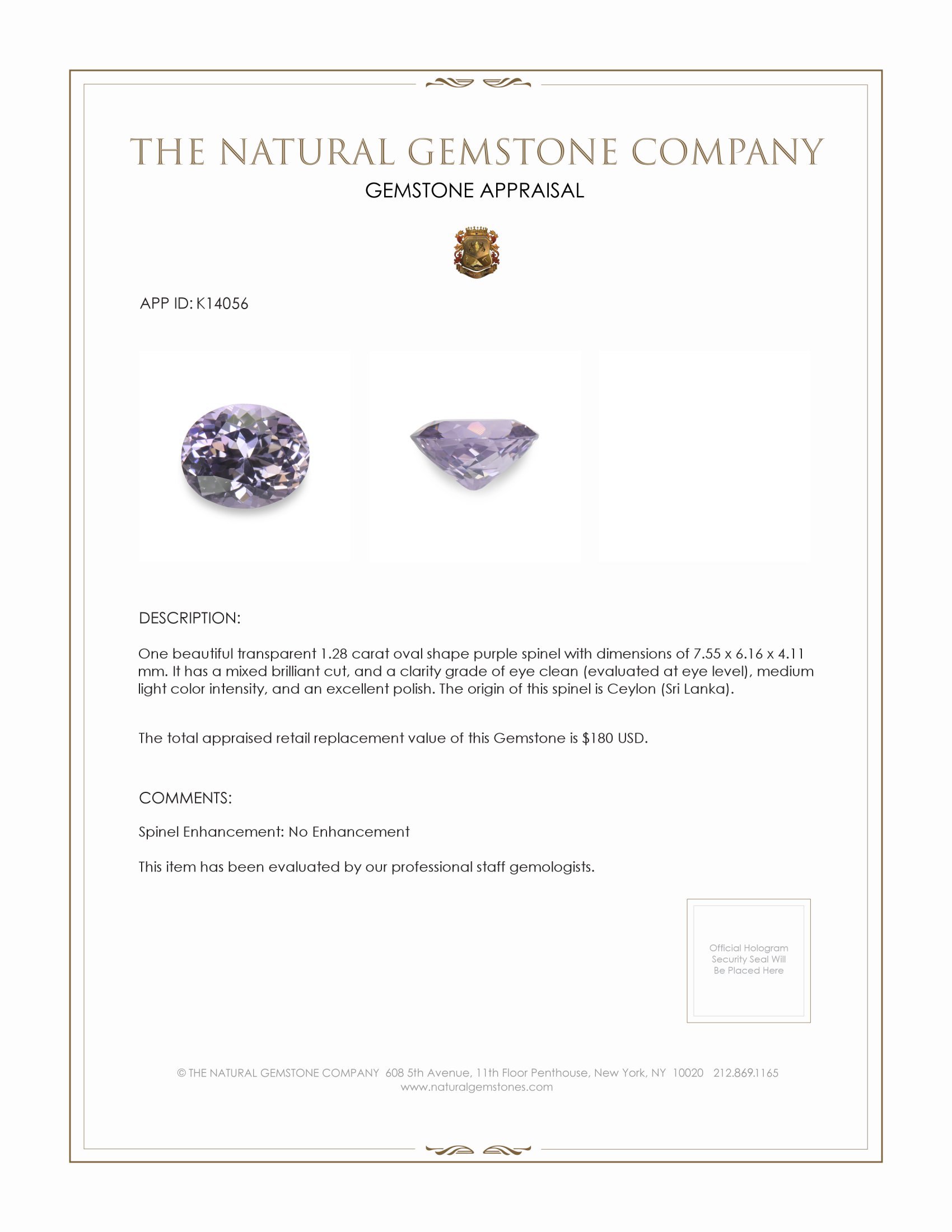 1.28 Ct. Spinel from Ceylon (Sri Lanka)