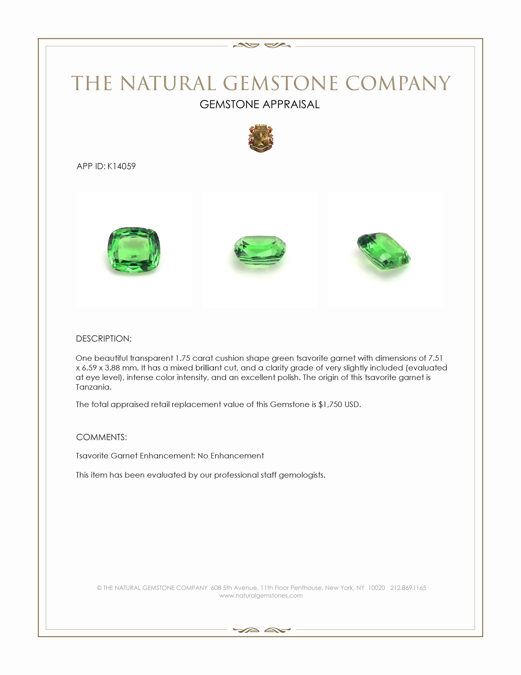 1.75 Ct. Tsavorite Garnet from Tanzania