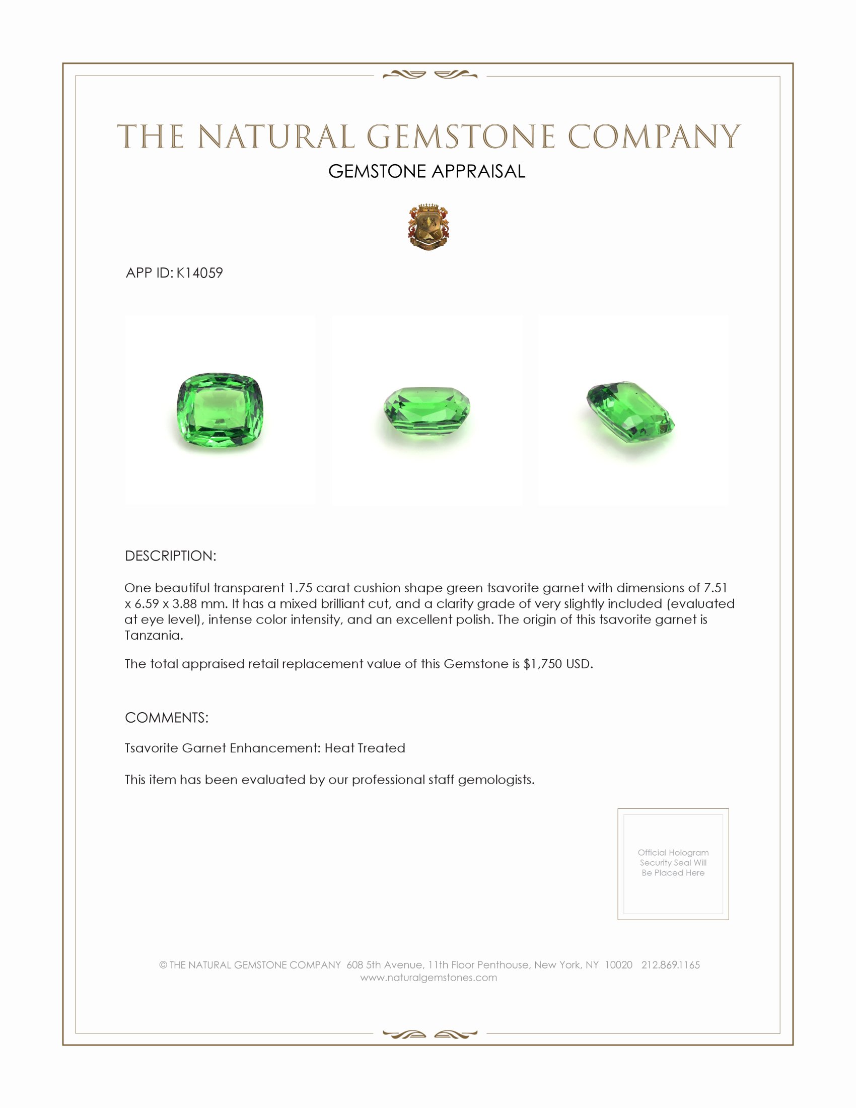 1.75 Ct. Tsavorite Garnet from Tanzania