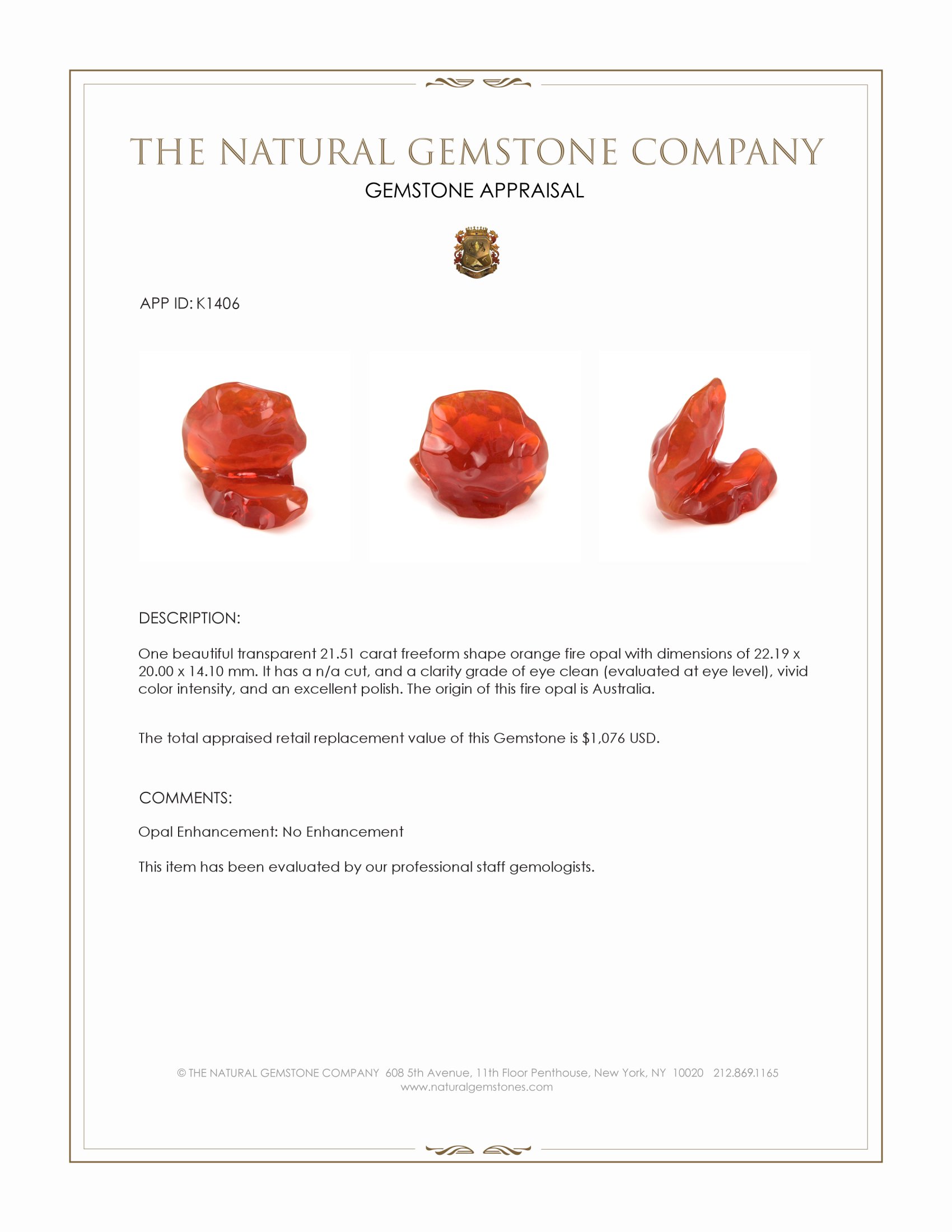 21.51 Ct. Fire Opal from Australia