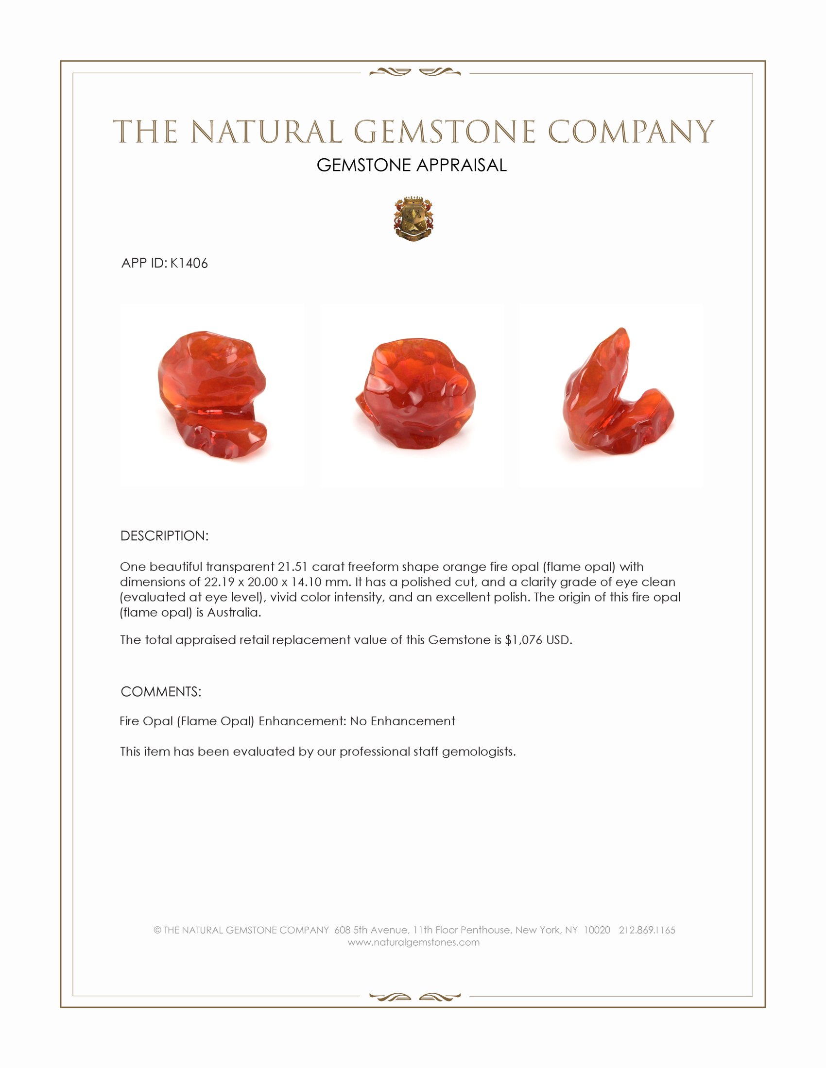 21.51 Ct. Orange Fire Opal (Flame Opal) from Australia