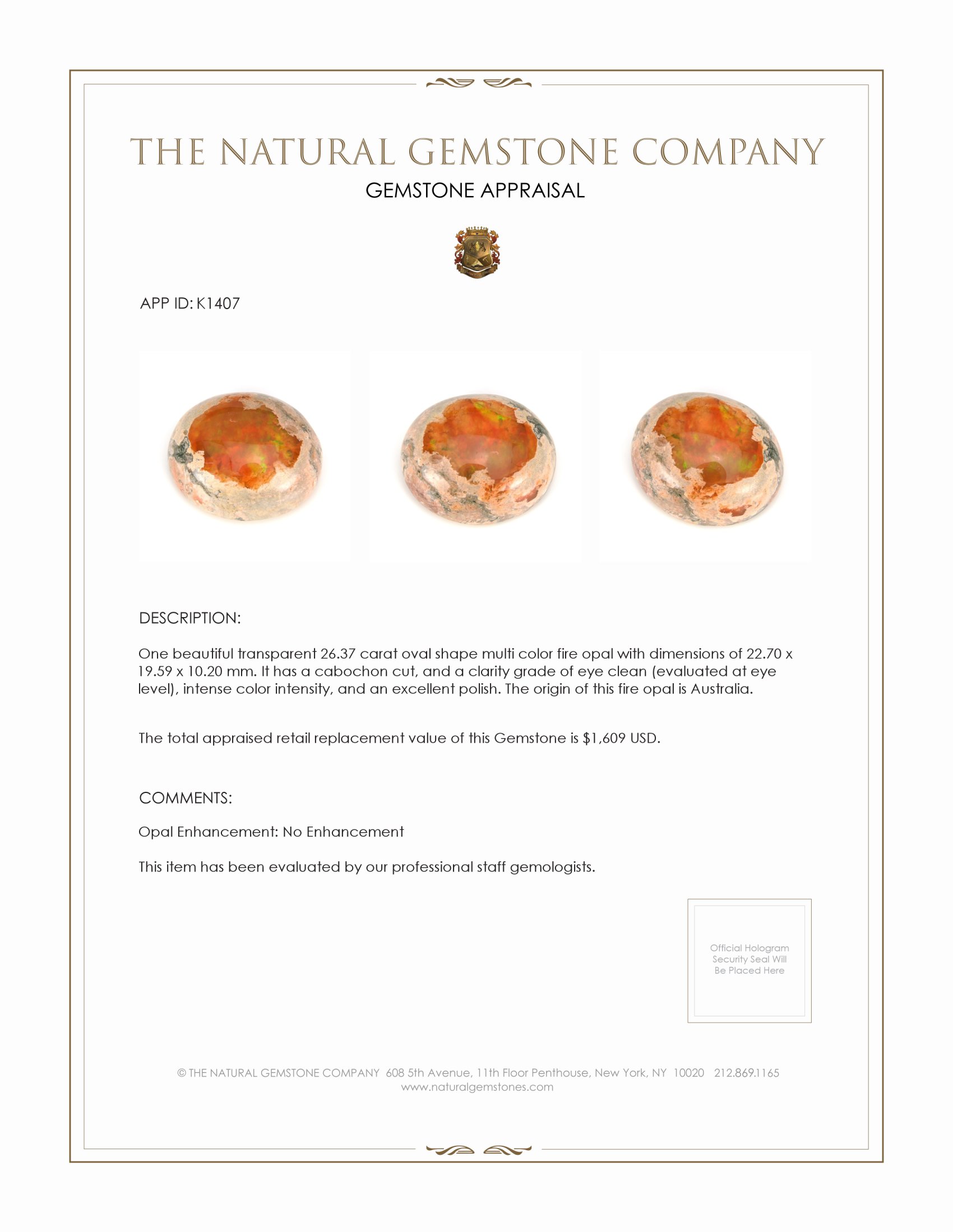 26.37 Ct. Cabochon Fire Opal from Australia