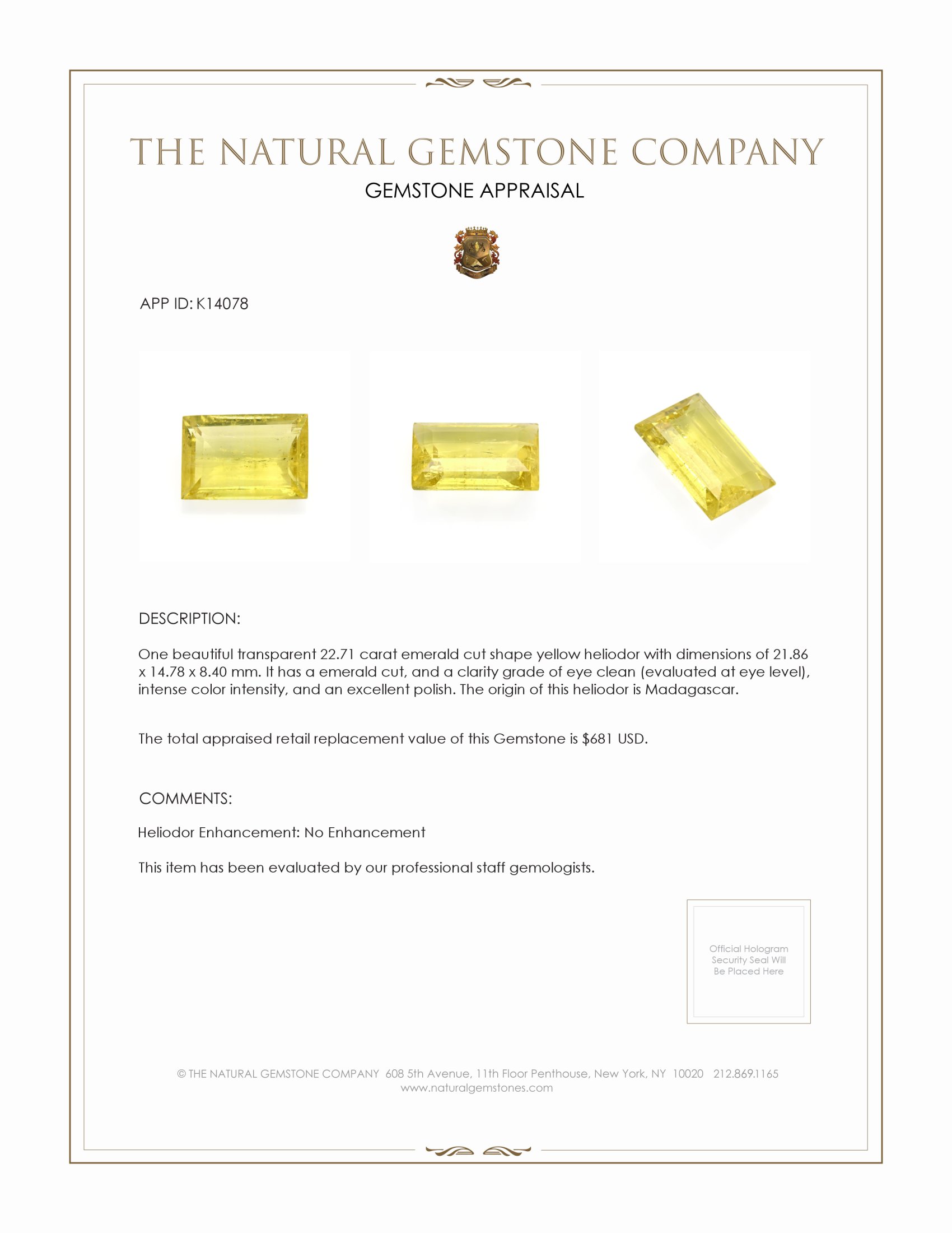 22.71 Ct. Heliodor from Madagascar