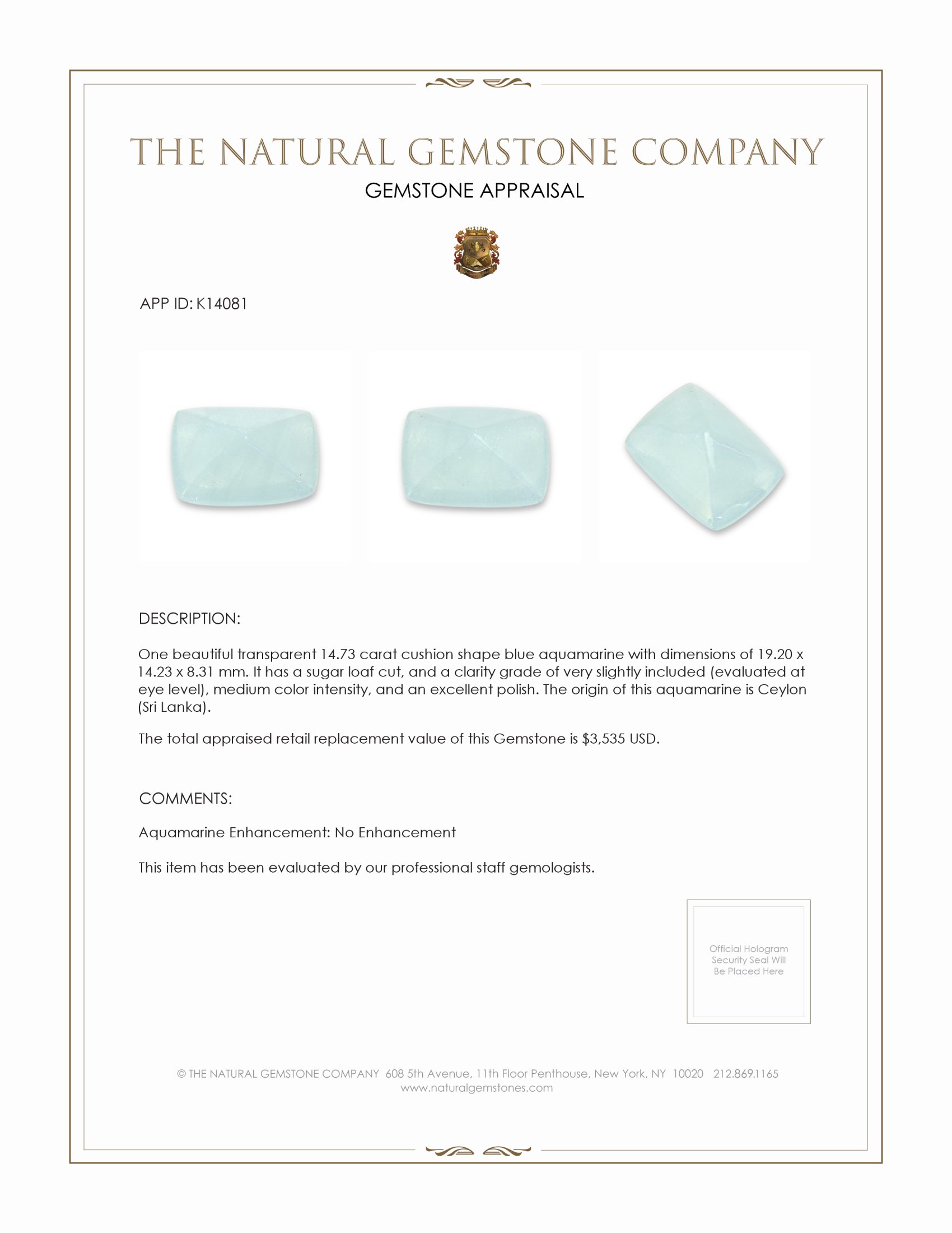 14.73 Ct. Cabochon Aquamarine from Ceylon (Sri Lanka)