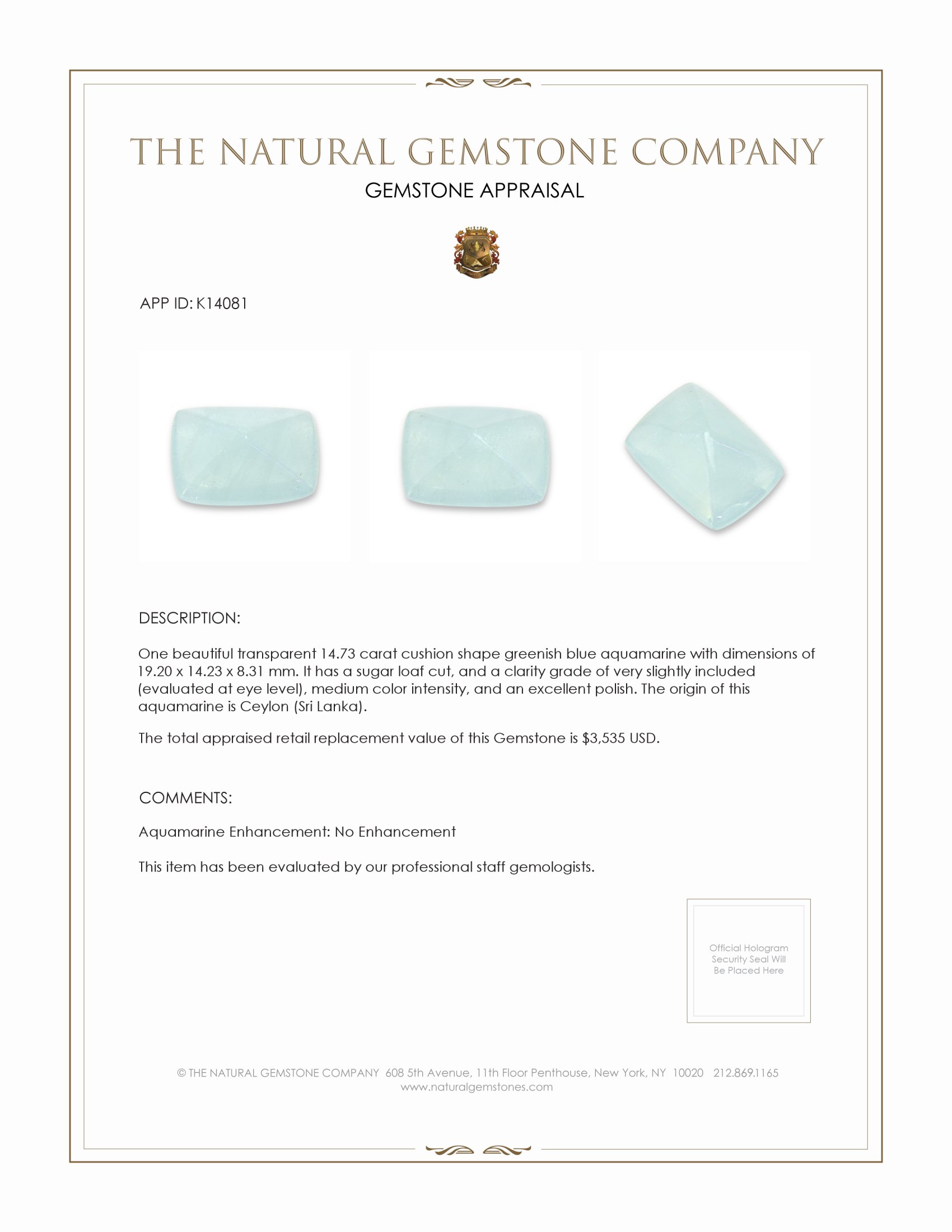 14.73 Ct. Cabochon Aquamarine from Ceylon (Sri Lanka)