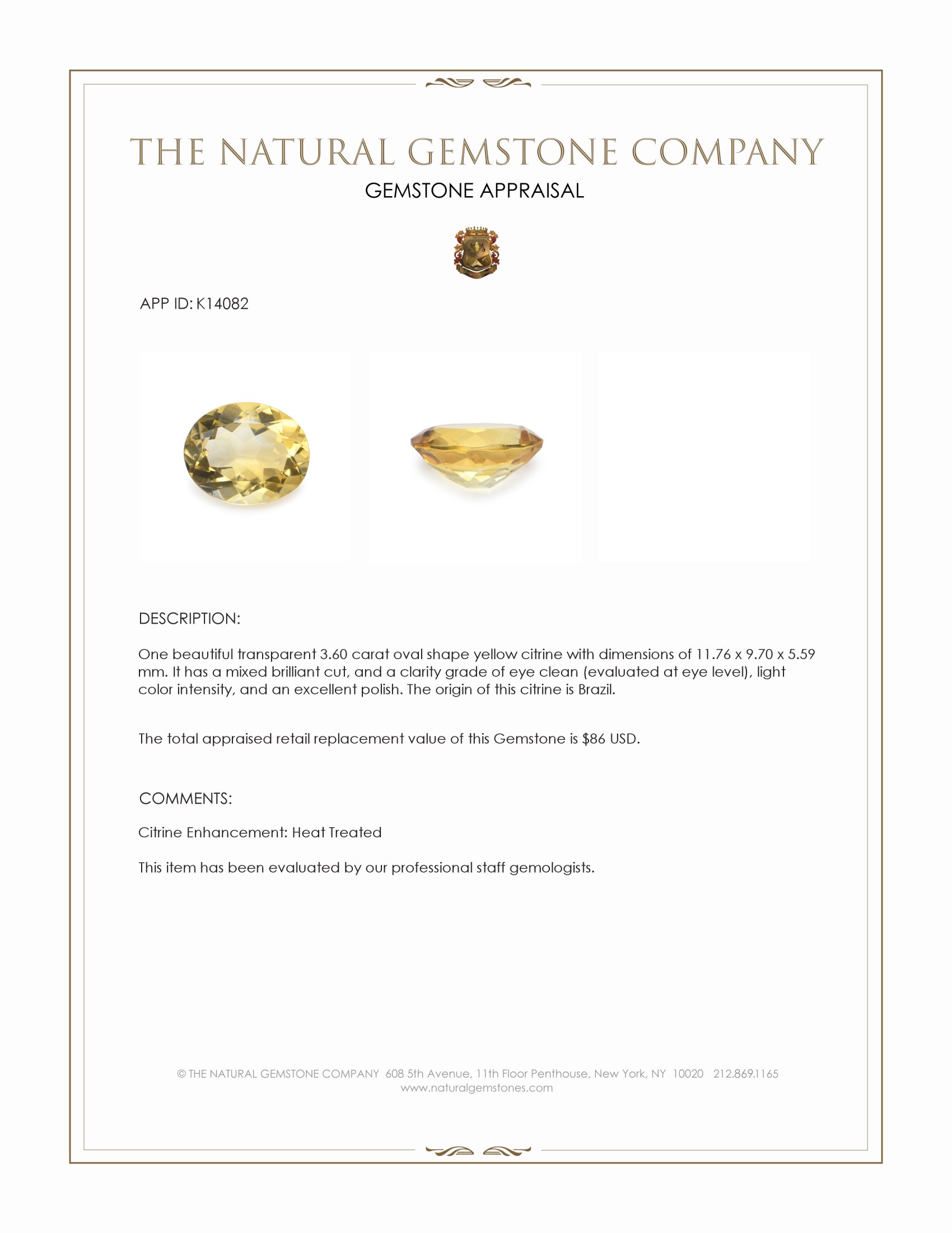 3.60 Ct. Yellow Citrine from Brazil