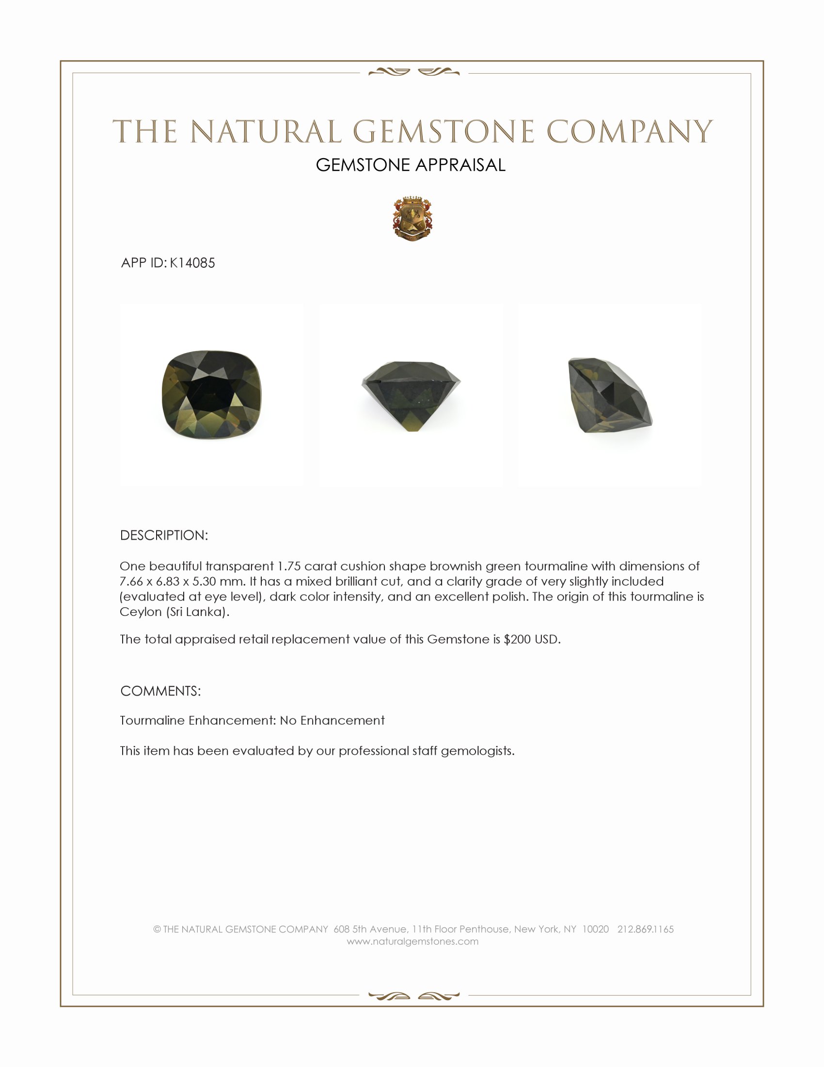 1.75 Ct. Brownish Green Tourmaline from Ceylon (Sri Lanka)