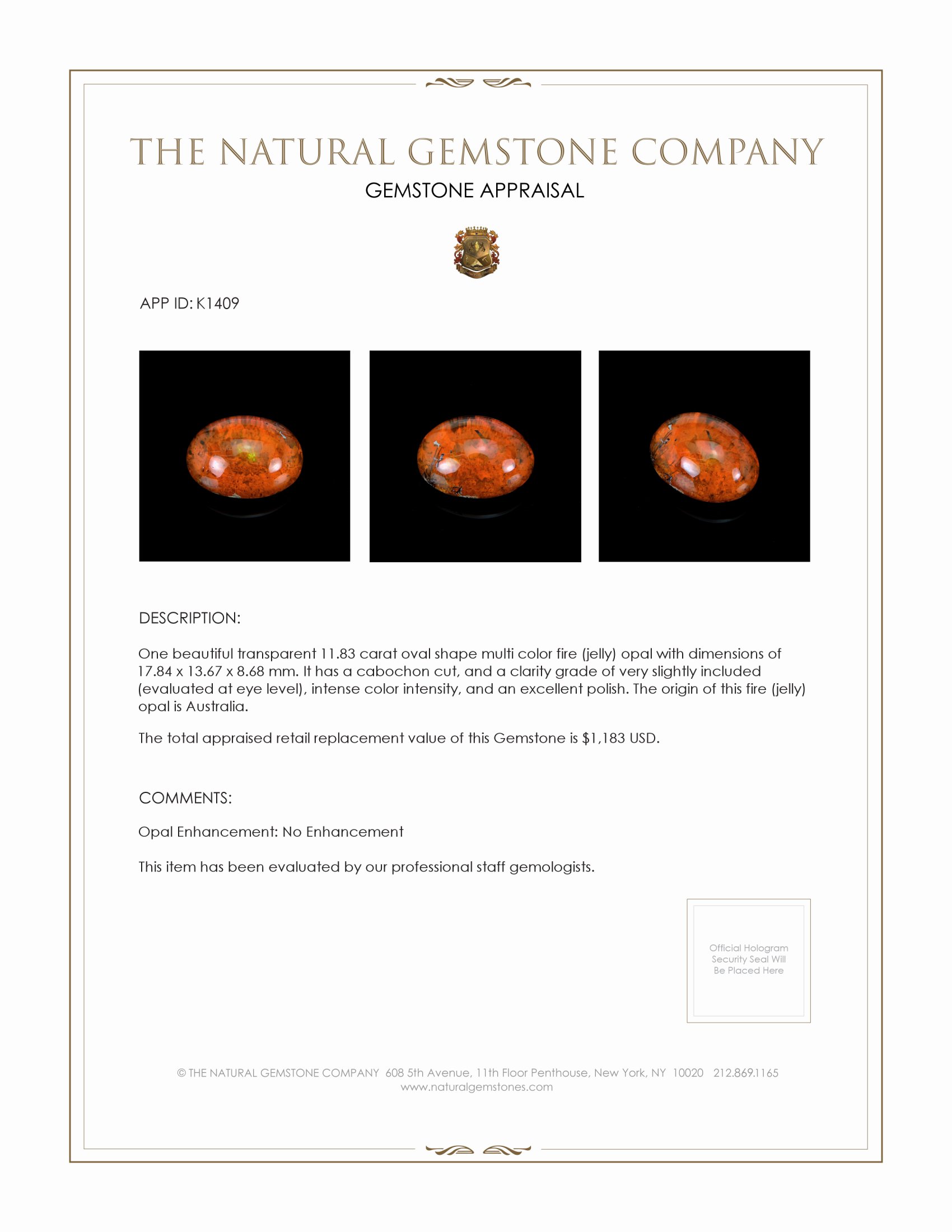 11.83 Ct. Cabochon Fire Opal from Australia