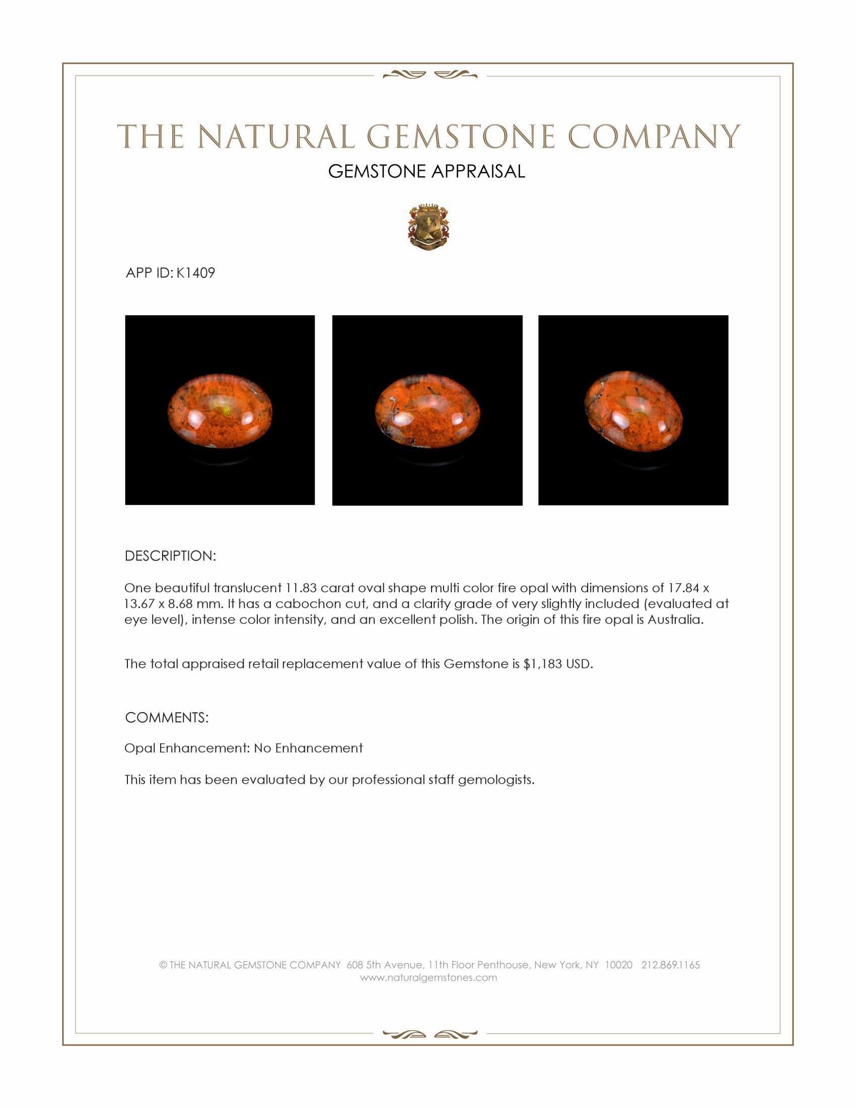 11.83 Ct. Cabochon Fire Opal from Australia