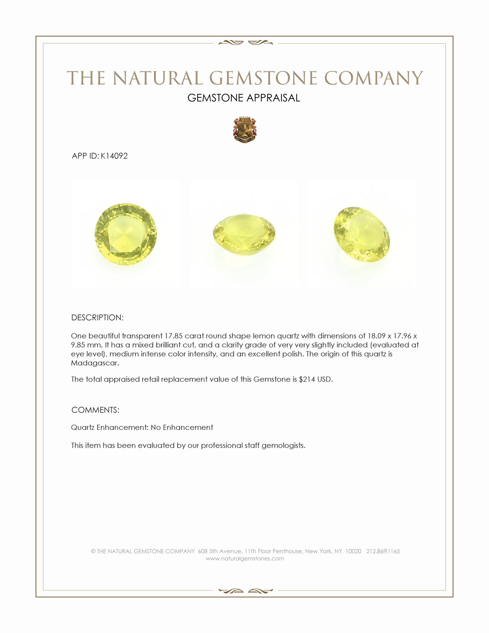 17.85 Ct. Quartz from Madagascar