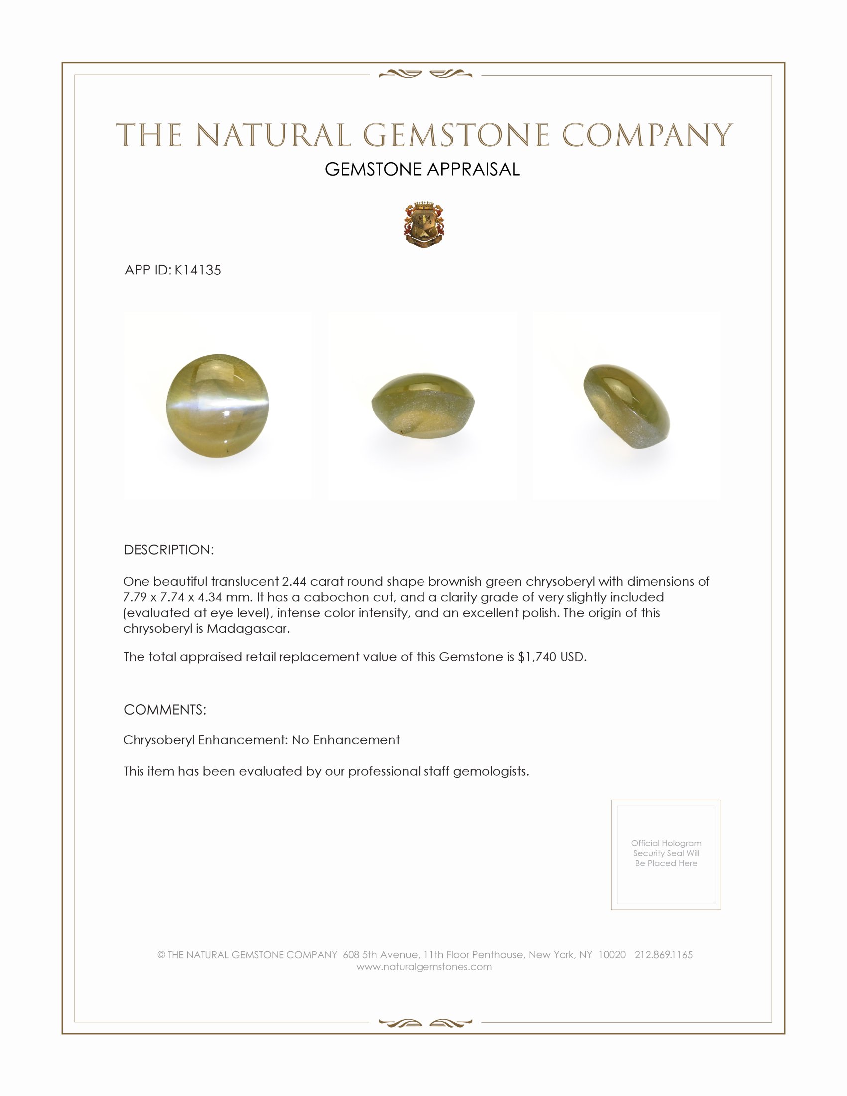 2.44 Ct. Cabochon Chrysoberyl from Madagascar