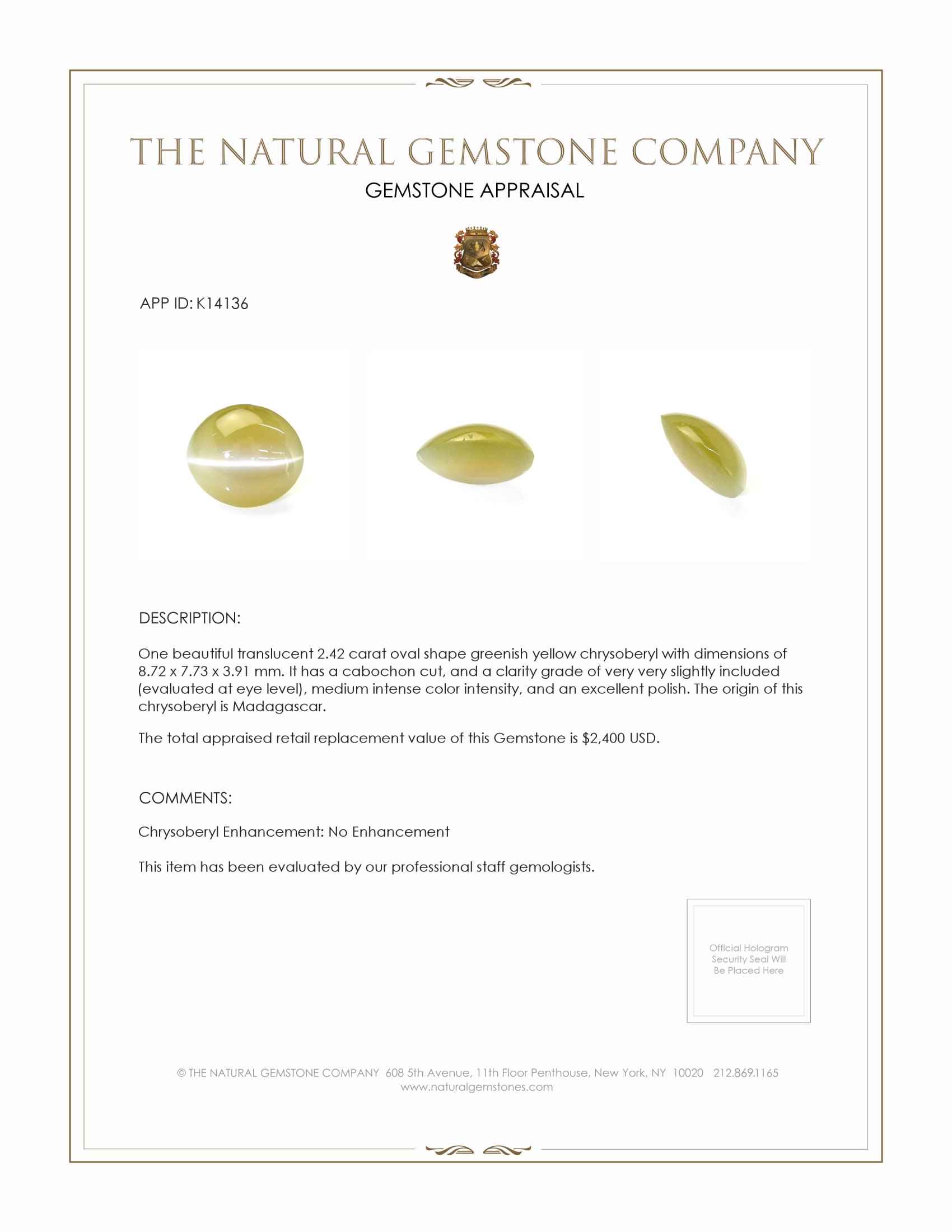 2.42 Ct. Cabochon Chrysoberyl from Madagascar