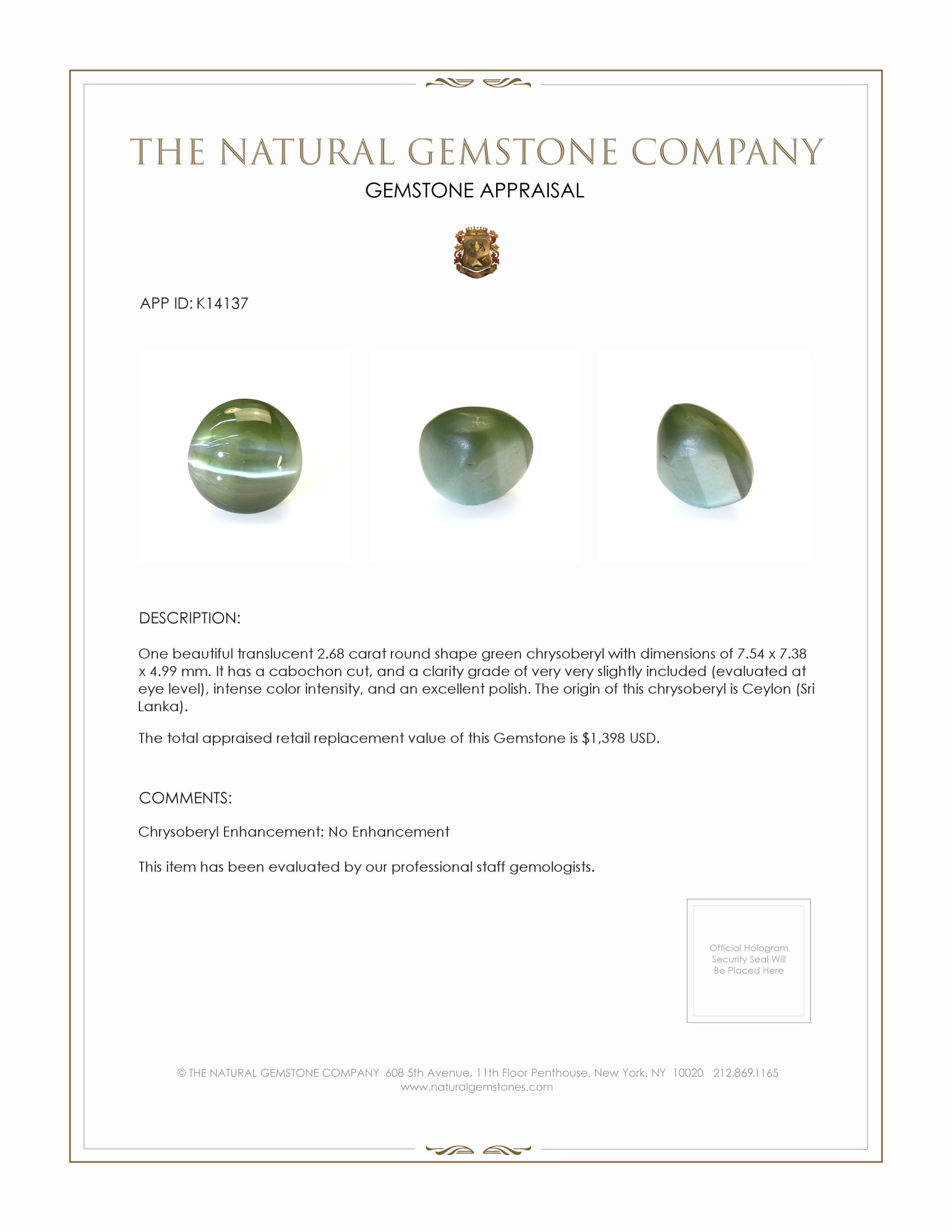 2.68 Ct. Cabochon Chrysoberyl from Ceylon (Sri Lanka)