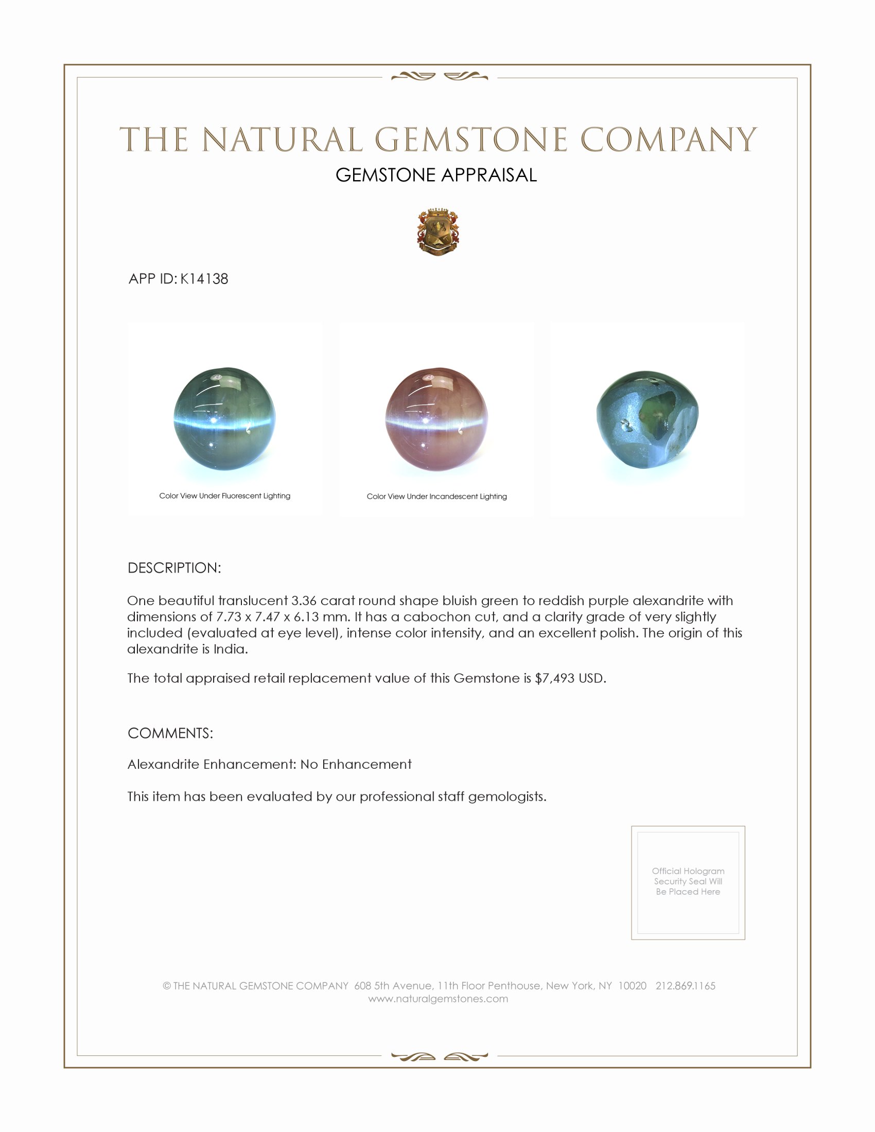 3.36 Ct. Cabochon Alexandrite from India