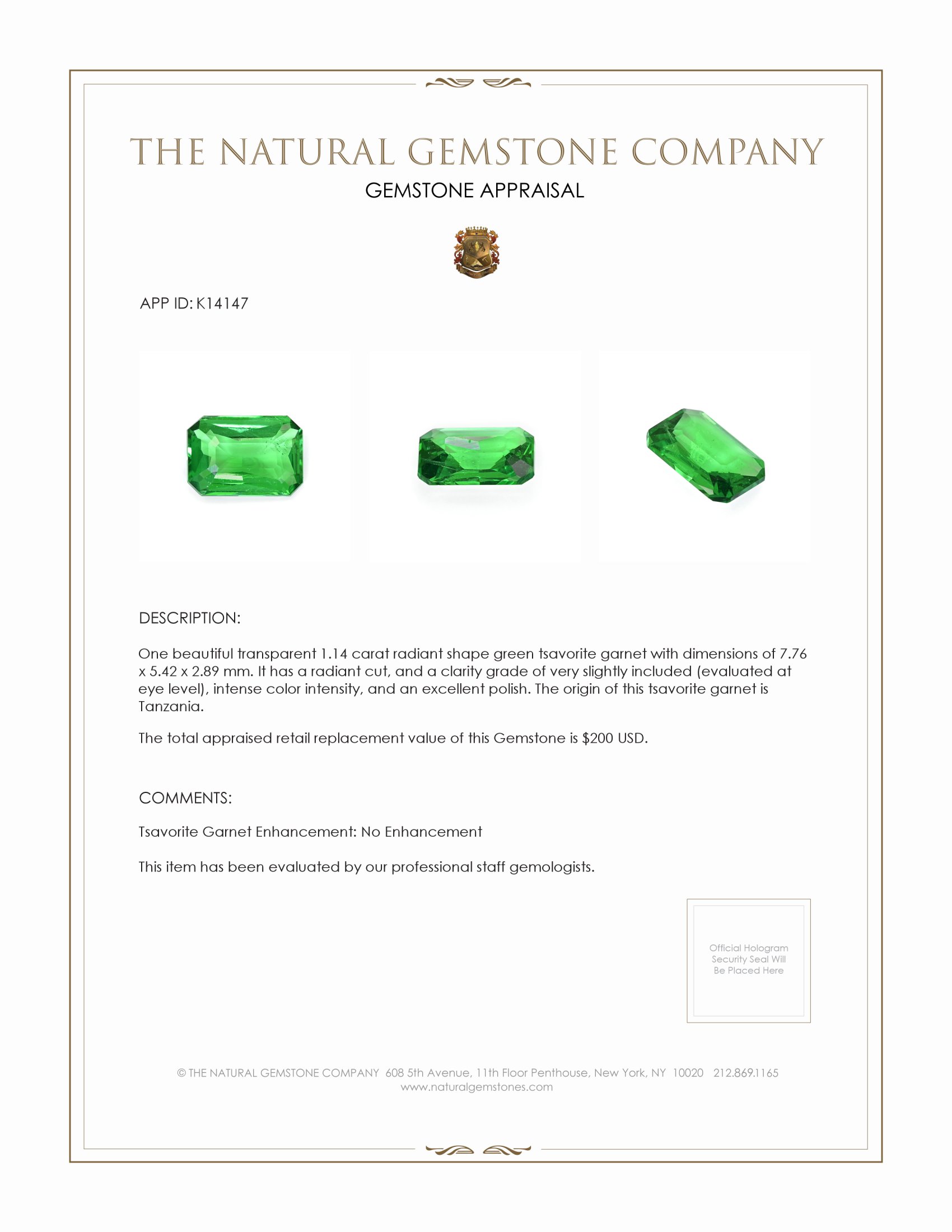 1.14 Ct. Tsavorite Garnet from Tanzania